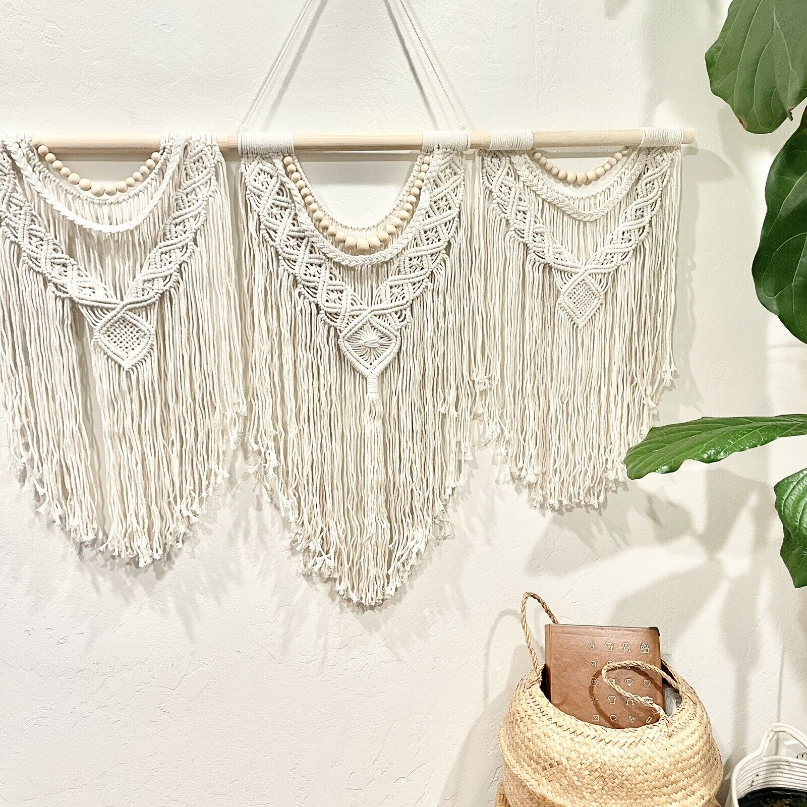 NEW Anthropologie Large Boho Tapestry Macrame Woven Beaded Wood Wall Hanging