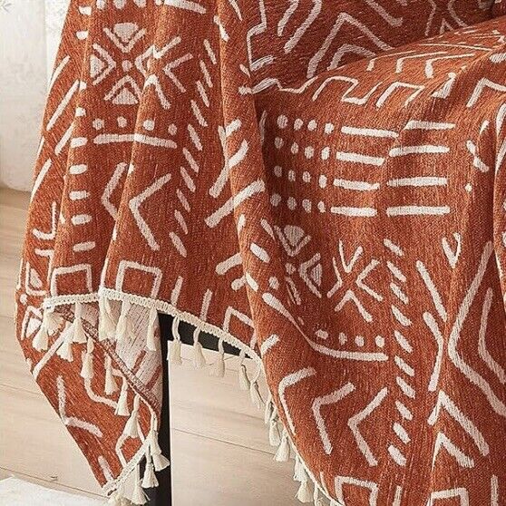 NEW Anthropologie XL Reversible Orange Abstract Tassel Couch Blanket 70" x 118"