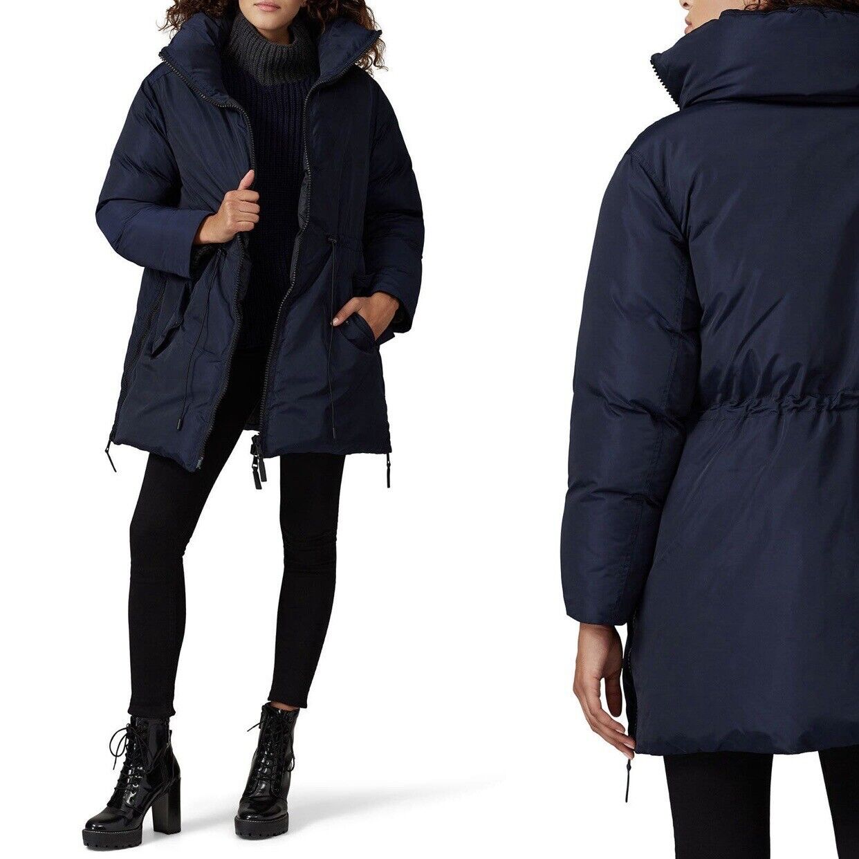 Club Monaco Navy Blue & Black Leander Zip Puffer Jacket Coat Parka - Size Large￼