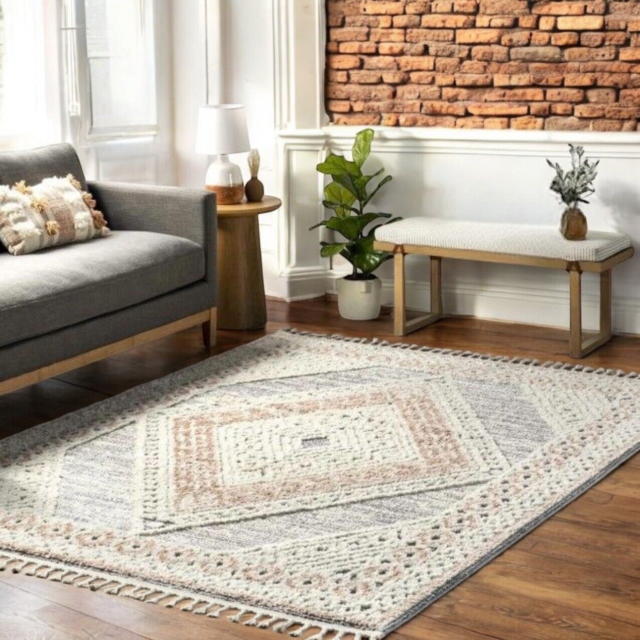 NEW West Elm White Cream Boho Tassel Geometric Shag Area Rug Carpet - 5' x 8'