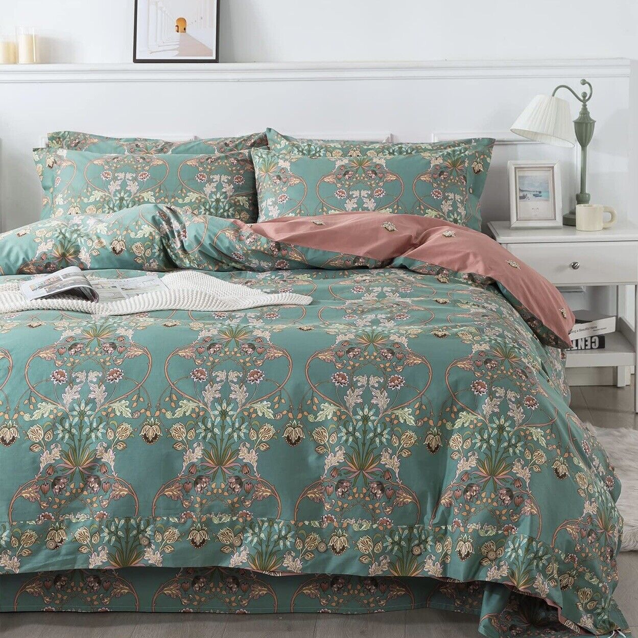 NEW Anthropologie Green Floral King Size Boho Comforter Bedding Sham Case Set