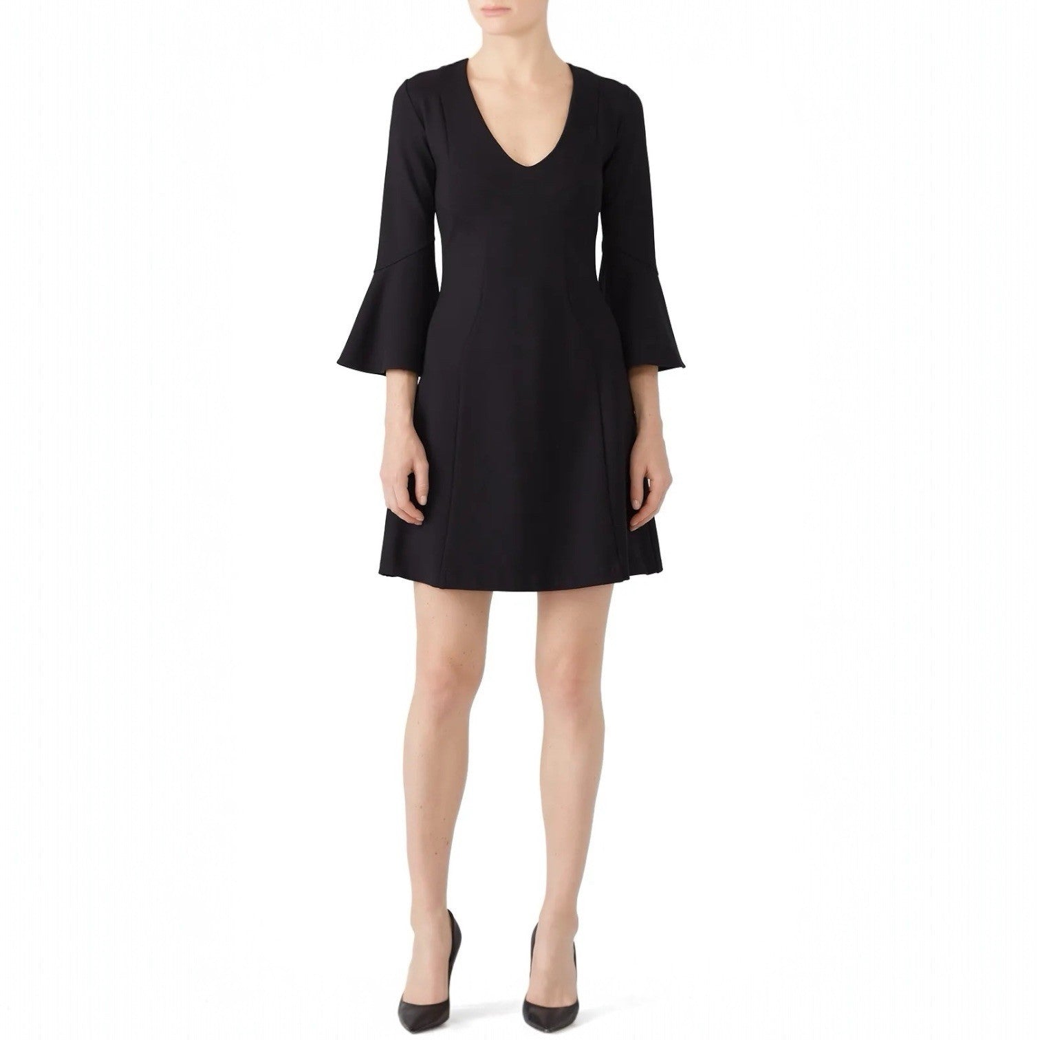 Amanda Uprichard Black Stretch Crepe Fresno Flair 3/4 Sleeve Dress Size Large