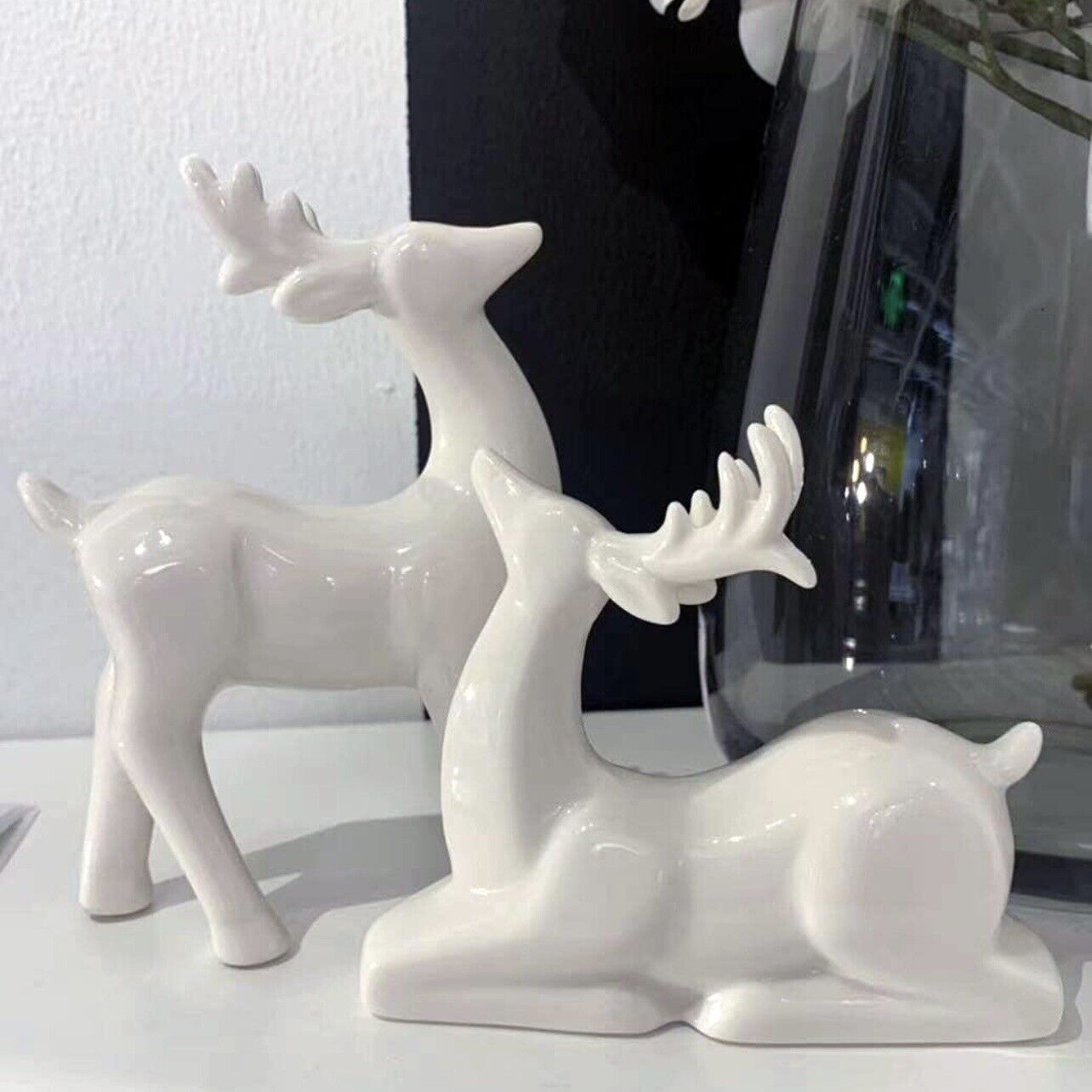 NEW Pottery Barn Modern White Ceramic Deer Holiday Christmas Figurines Set of 2