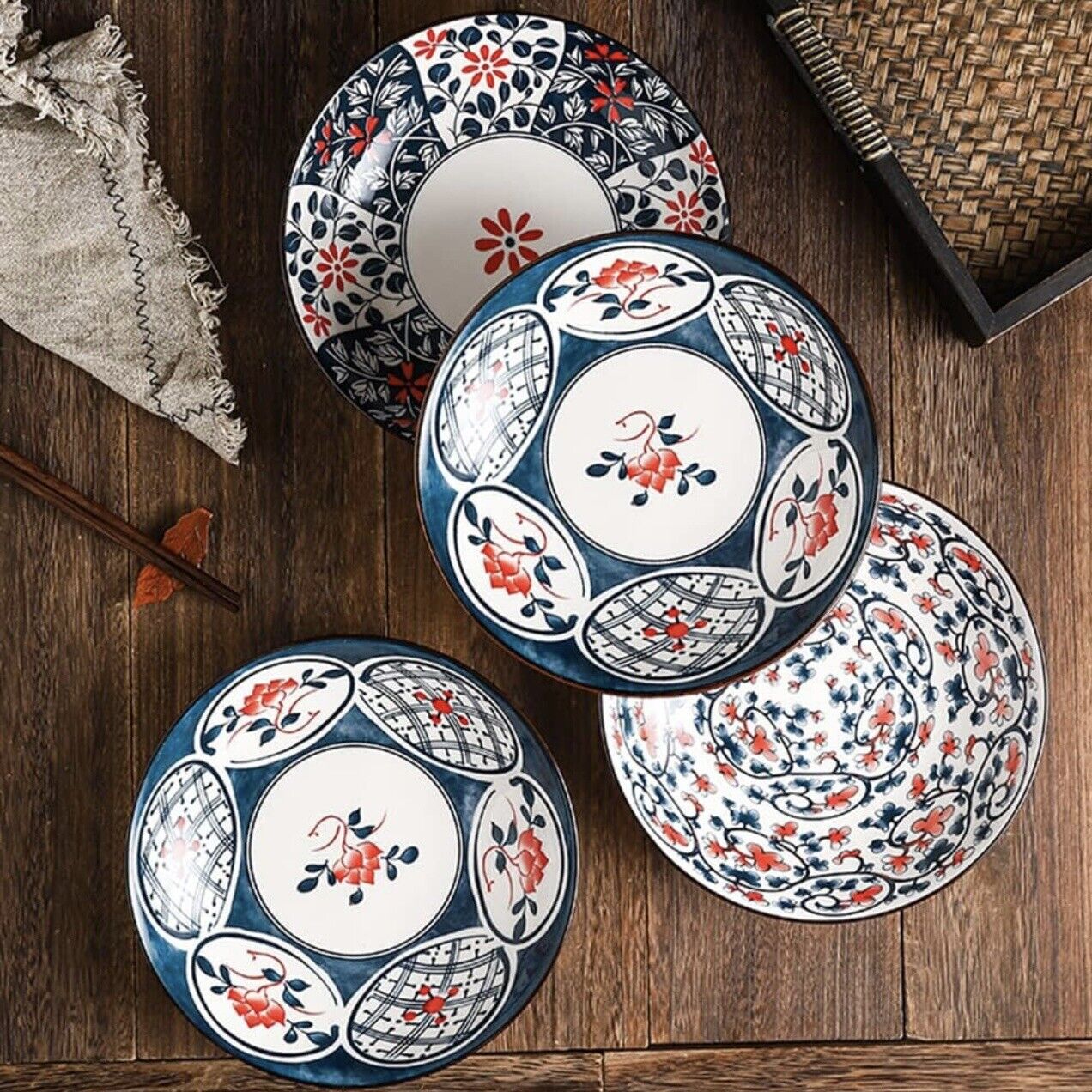 NEW West Elm (Set of 6) Blue Boho Ceramic Floral Dinnerware Soup Bowls Dish Set