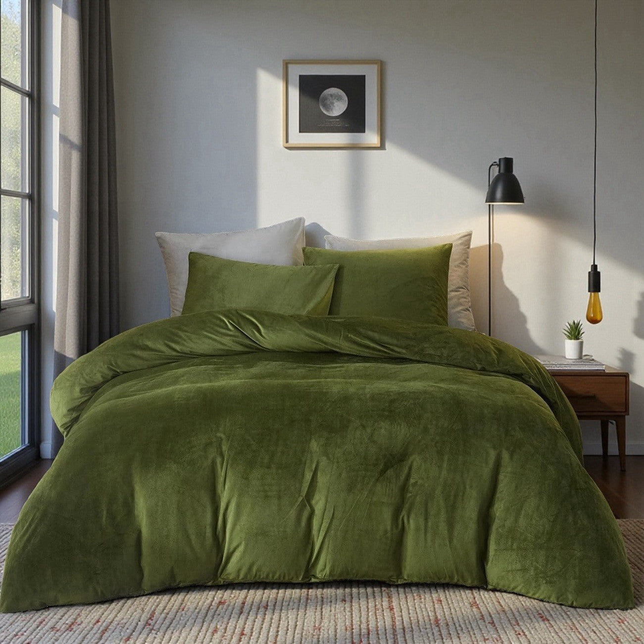 NEW West Elm Dark Green Lux Velvet Flannel Queen / King Duvet Bedding & Sham Set