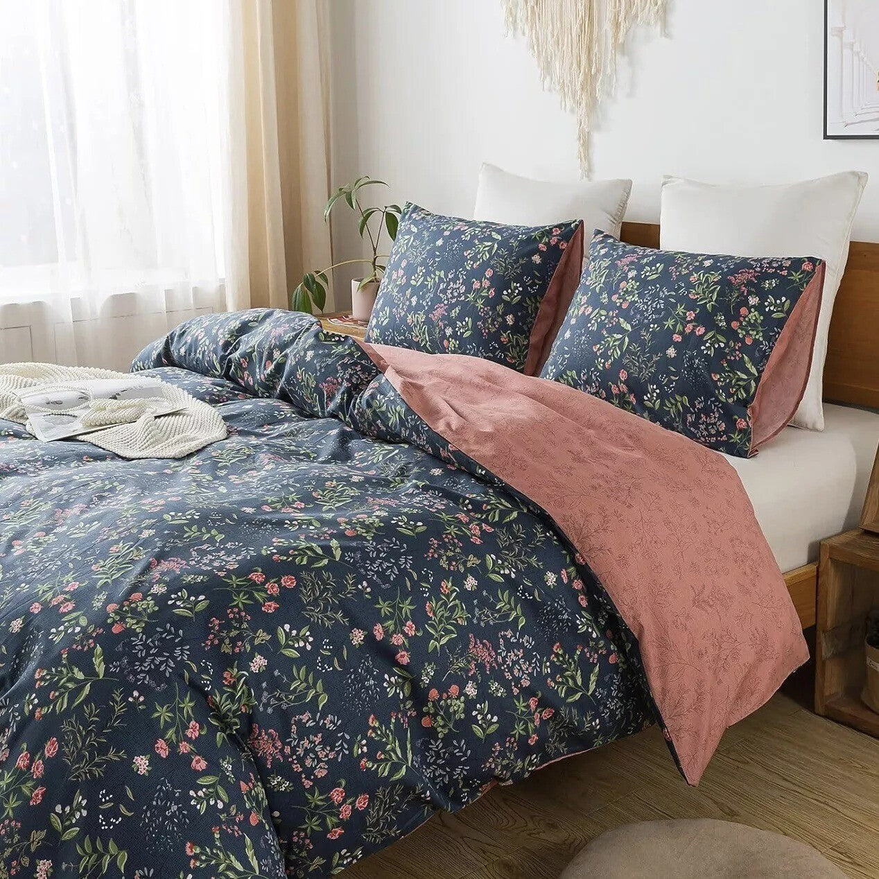 NEW Anthro Blue Floral Cotton Boho Queen / King Size Bedding Duvet & Sham Set