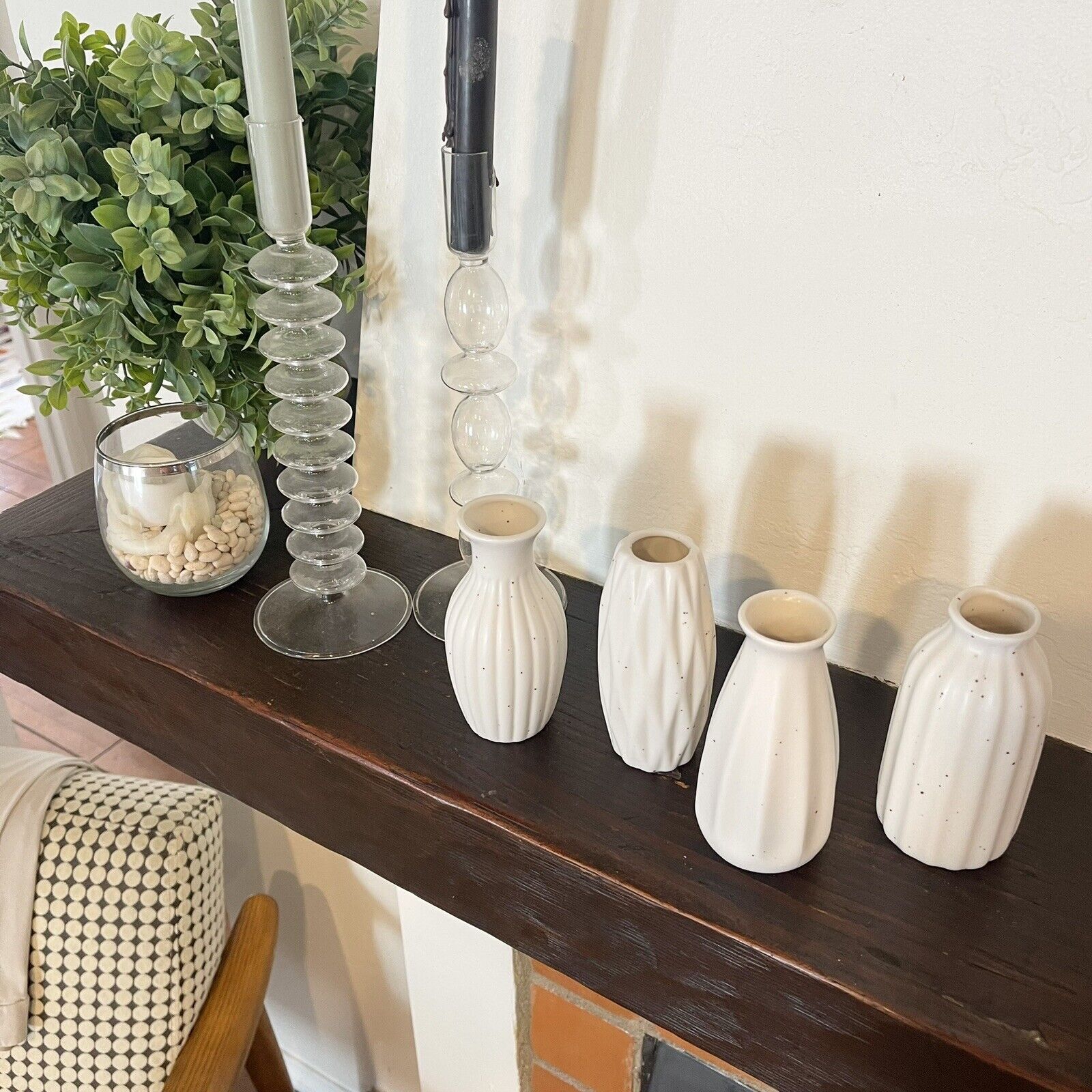 NEW West Elm (Set of 4) White Ceramic Stoneware Boho Flower Vases Home Decor