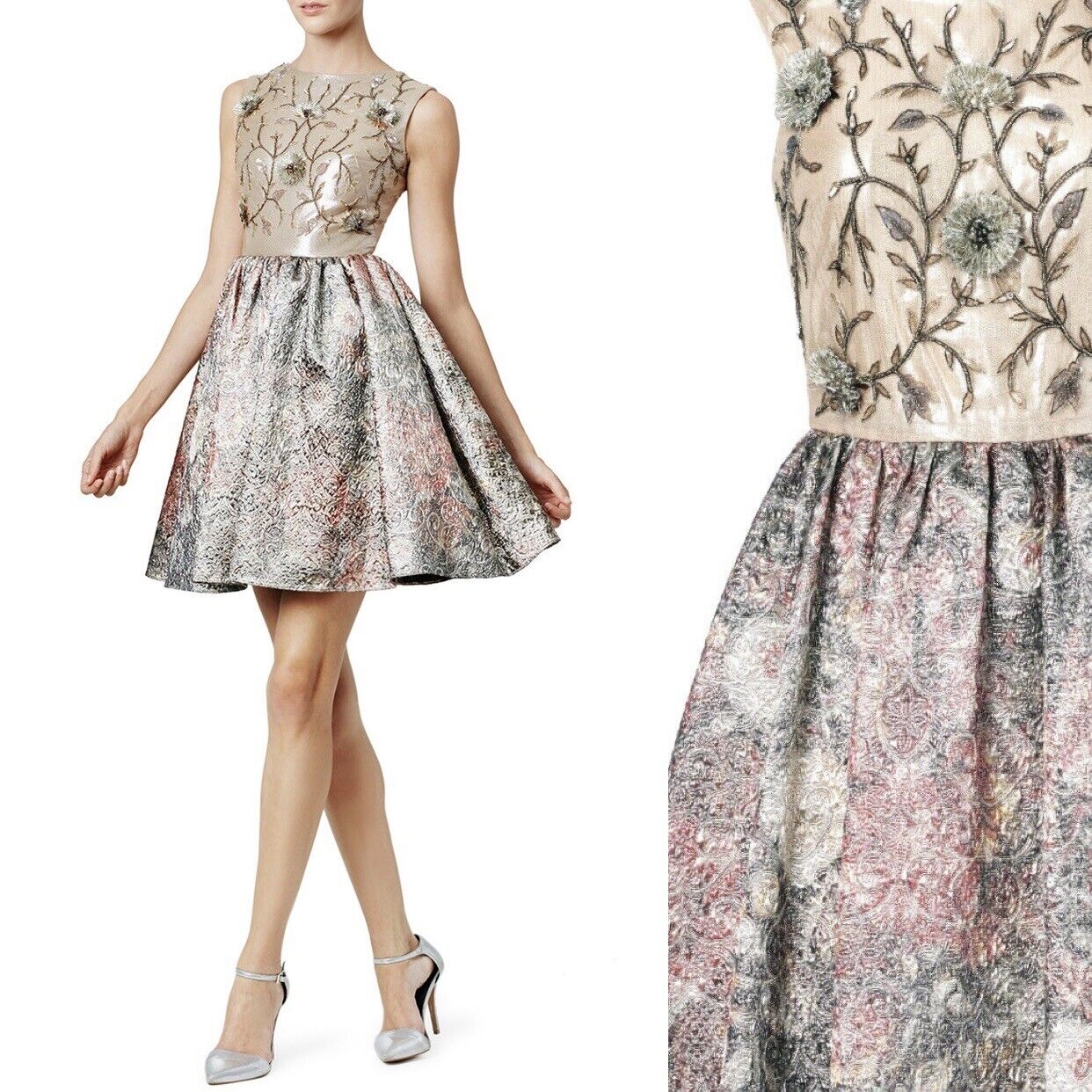 Marchesa Notte $1095 Metallic Floral Jacquard Bold Baroque Mini Dress Medium / 8