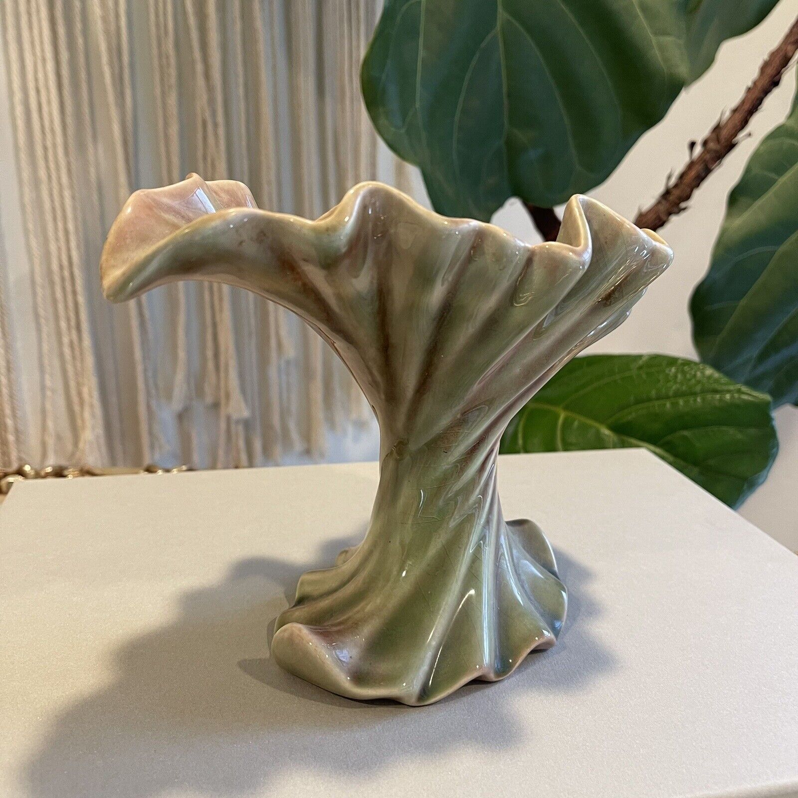 Vintage 1940s Green Hollywood Ware Twisted Vase California Art Products Ceramic