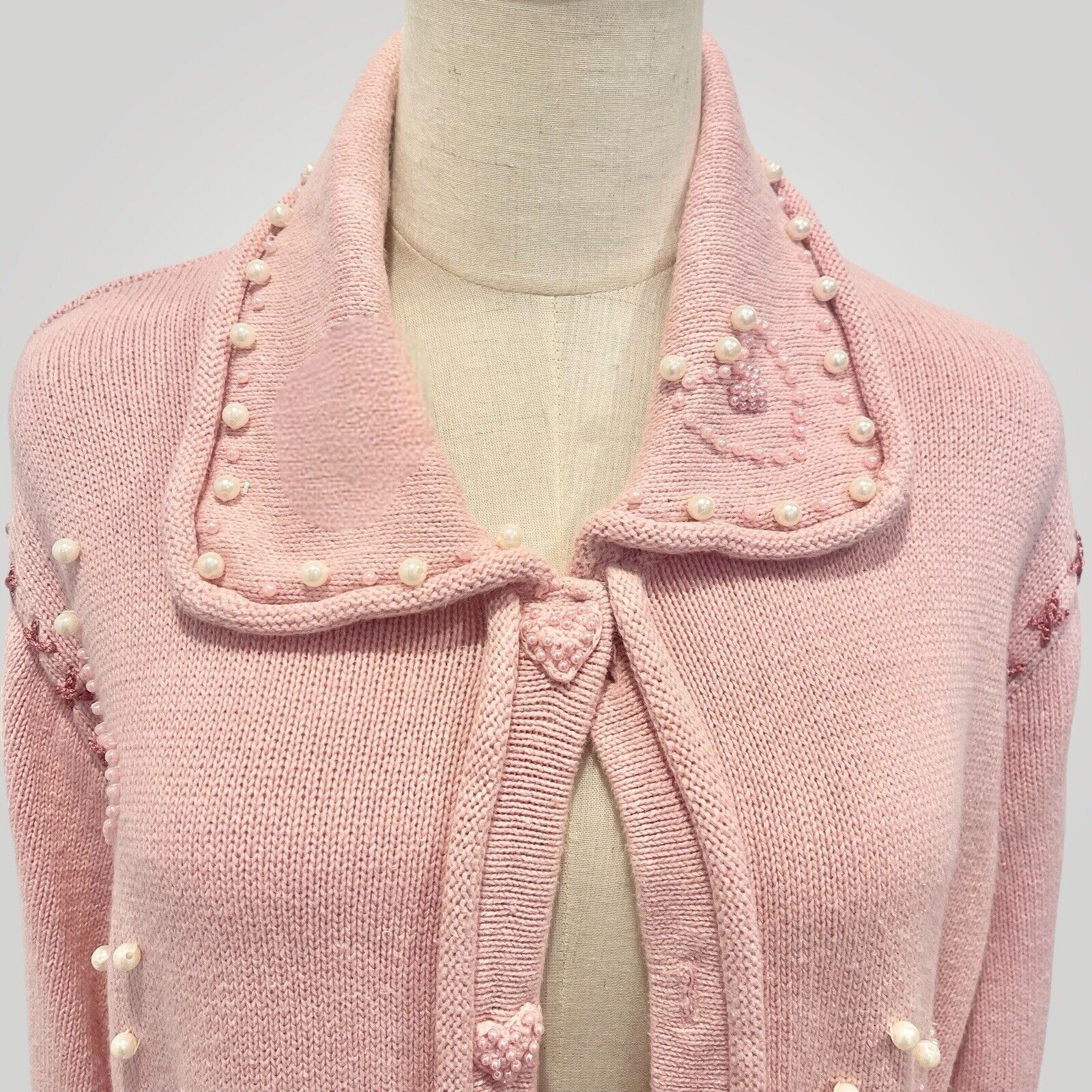 Vintage Storybook Knits Pink Heart Embroidered Pearl Sweater Duster - Medium