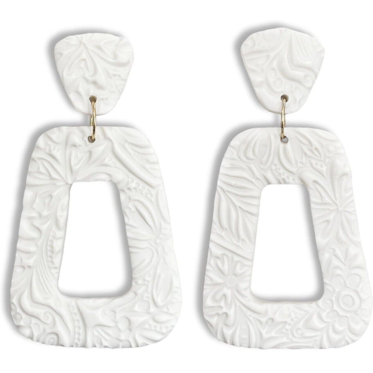 NEW Anthropologie Boho White Clay & Gold Geometric Statement Earrings Jewelry