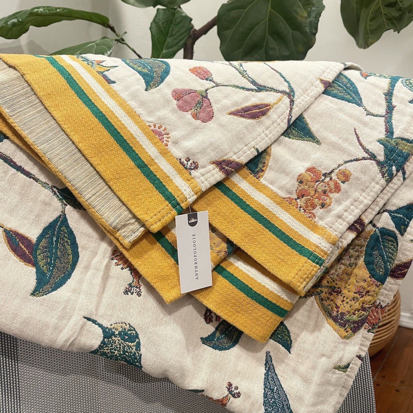 NEW Anthro XL Boho Bird Orange Blue Throw Blanket Bedspread Quilt 80" x 90"