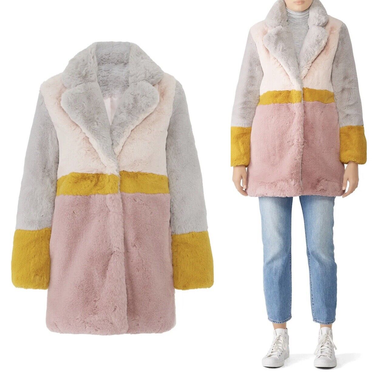 Apparis Lisa Faux Fur Color Block Boho Pink & Yellow Coat Jacket - Size Small