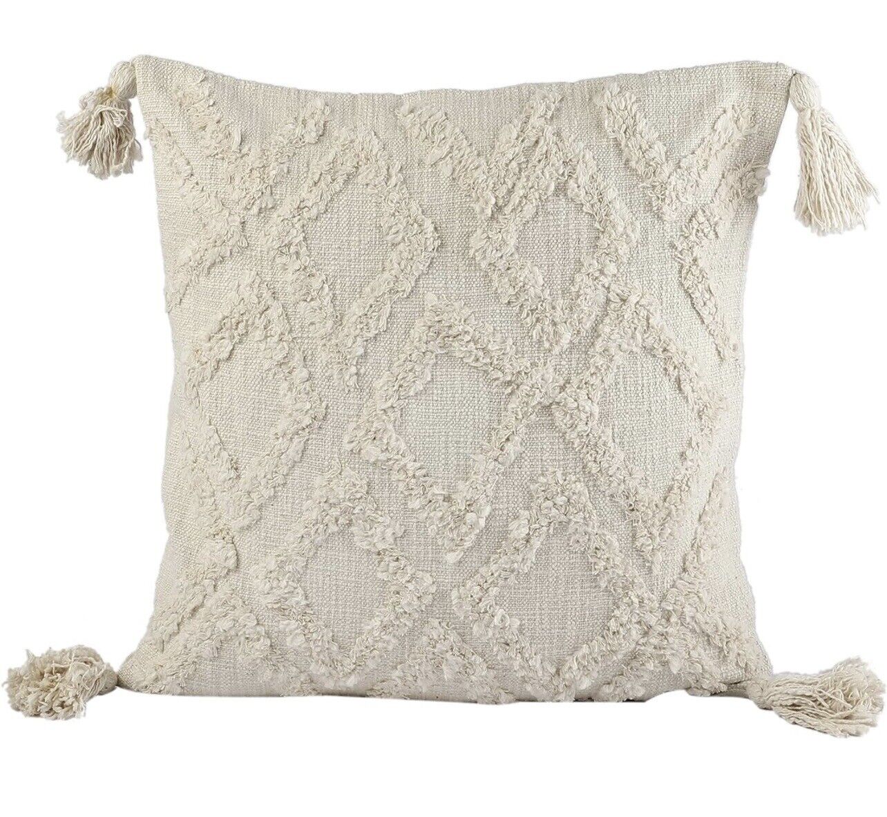 New Anthropologie Boho Tassel White Throw Pillow Case Cover Sham - 18" x 18"