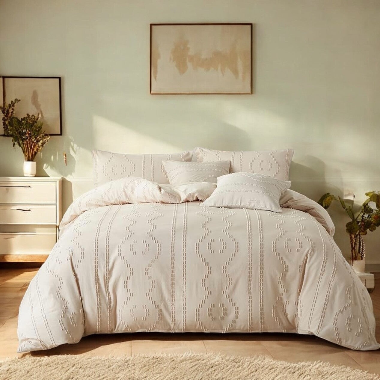 NEW Anthro Tassel Beige Boho King Tufted Fringe Bedding Duvet & Pillow Sham Set
