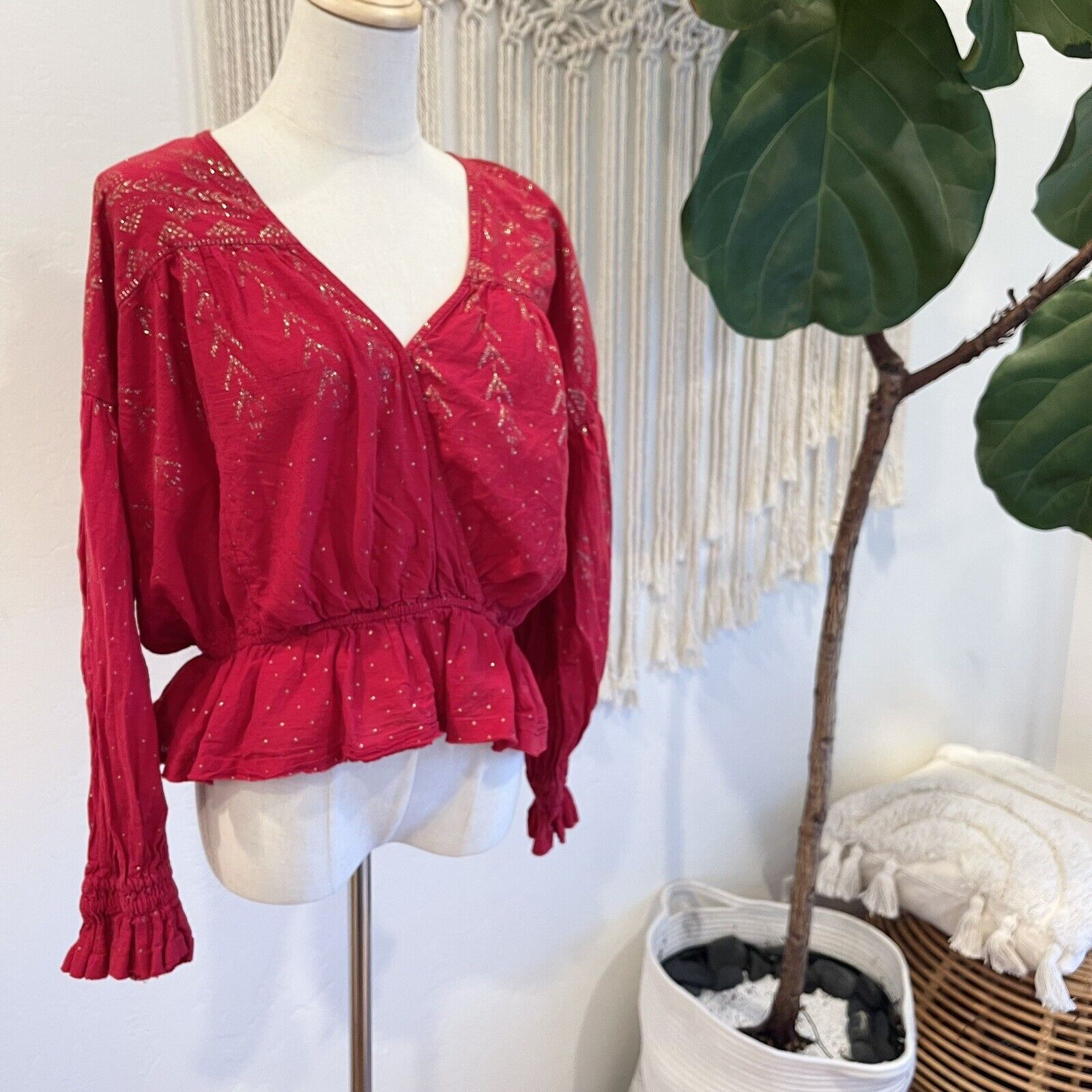 Free People Red Embroidered Print Boho Ruffle Blouse Shirt Top - Size Small