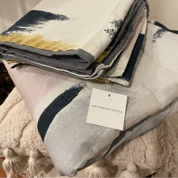 NEW Anthro White Abstract Colors Boho Cotton Queen King Bedding Duvet & Sham Set
