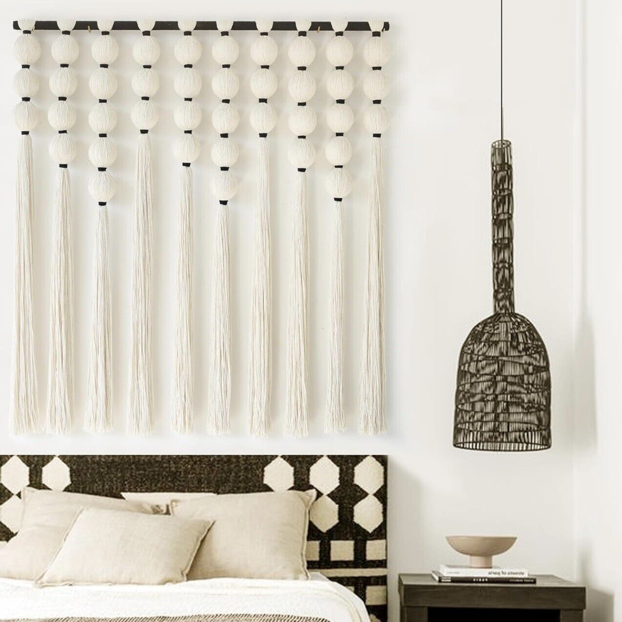 NEW Anthropologie XL Boho White & Black Tassel Tapestry Woven Wall Hanging - 40"