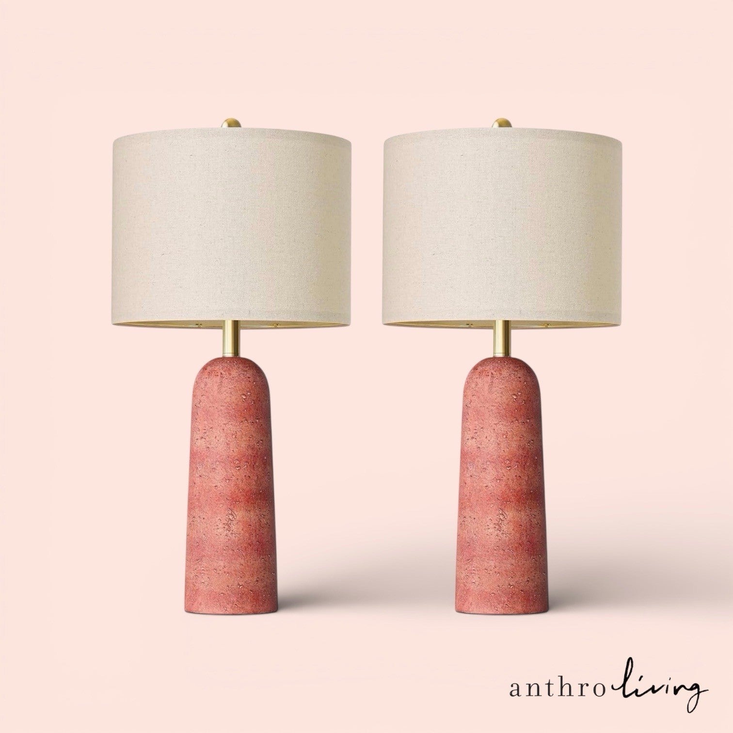 NEW Anthropologie Set of 2 Pink Resin Stone Boho Table Lamps Linen Lighting 27"