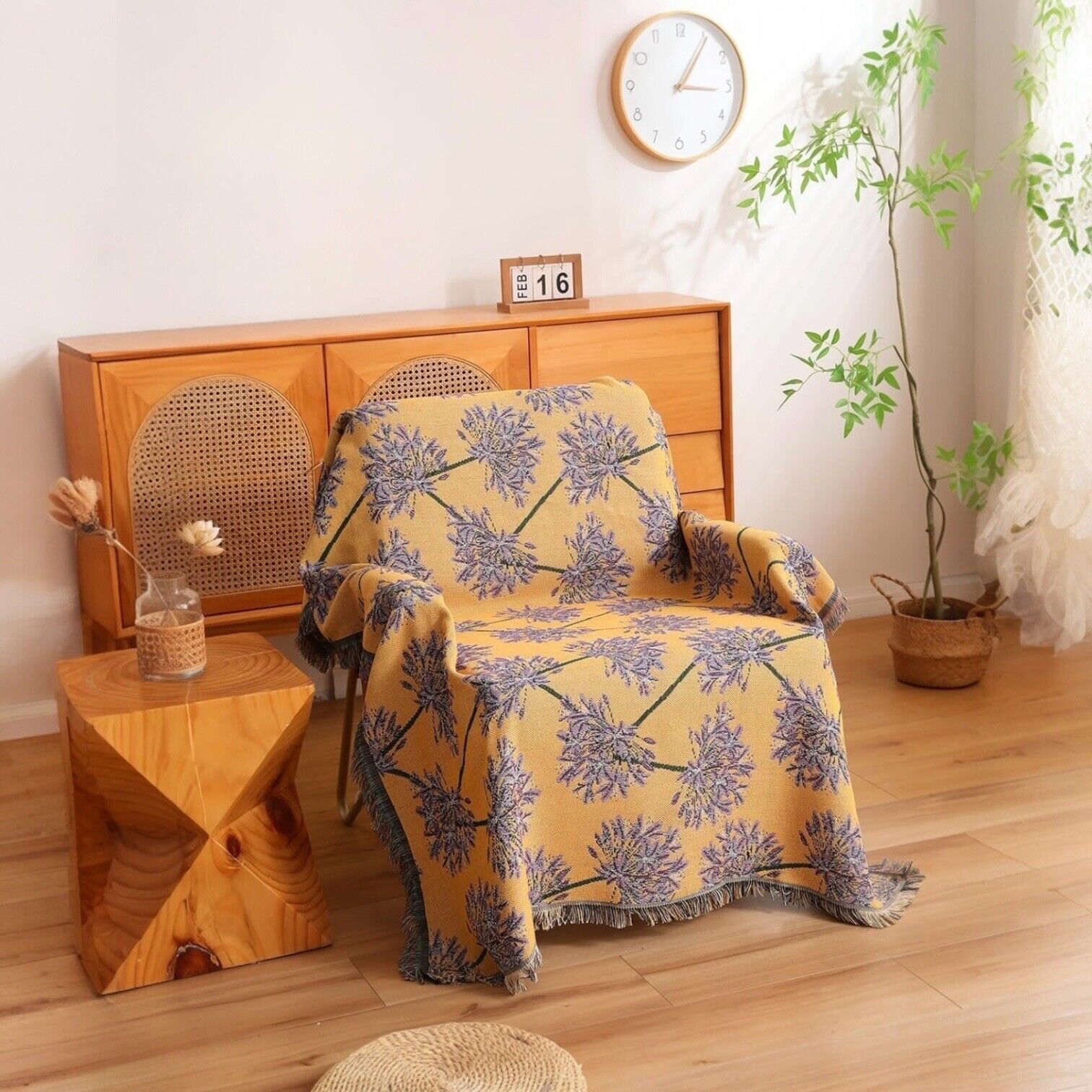 NEW Anthropologie Boho Yellow Floral  Tassel Throw Blanket Bedspread - 50" x 70"