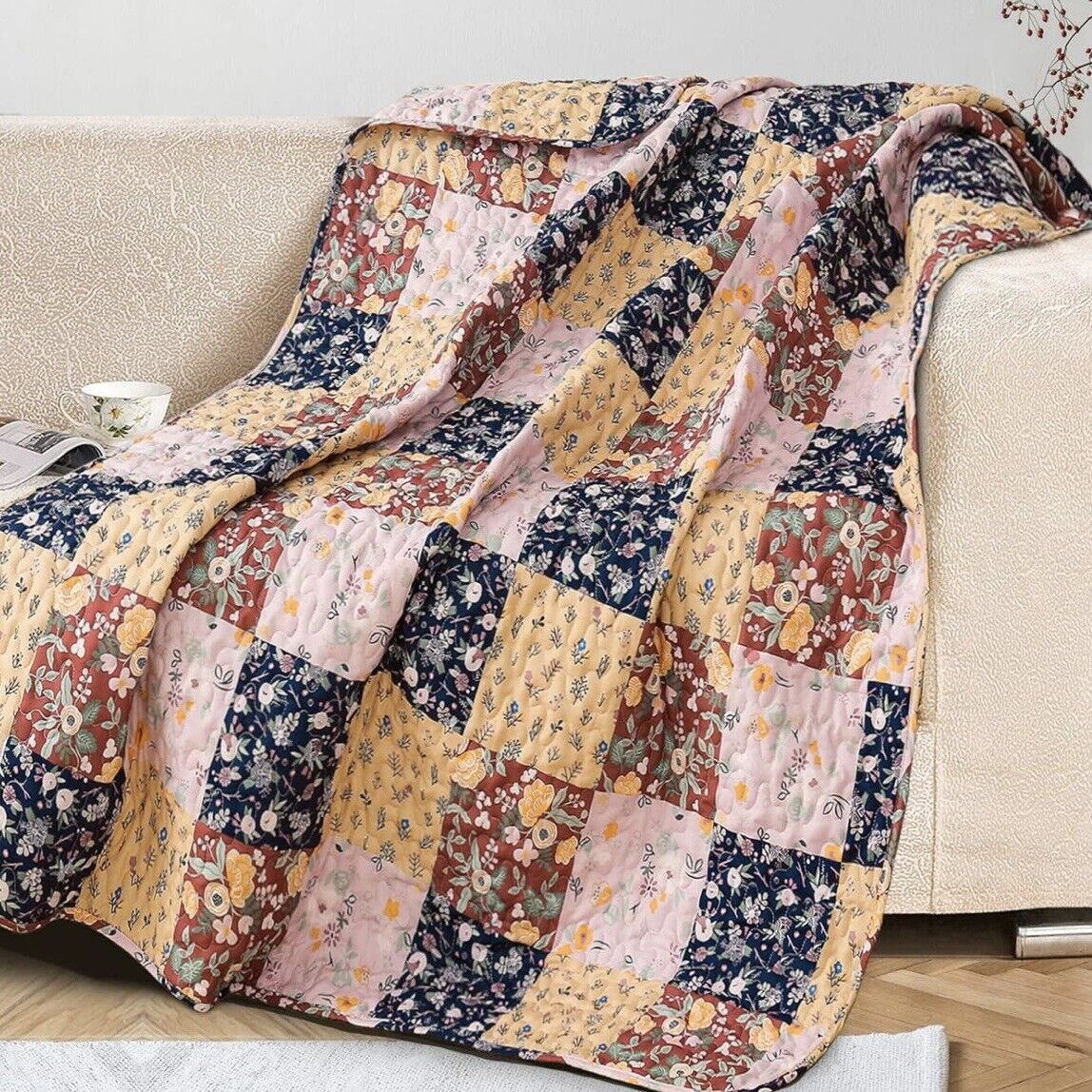 NEW Anthro Boho Multicolor Floral Throw Blanket Patchwork Quilt 50" x 60"