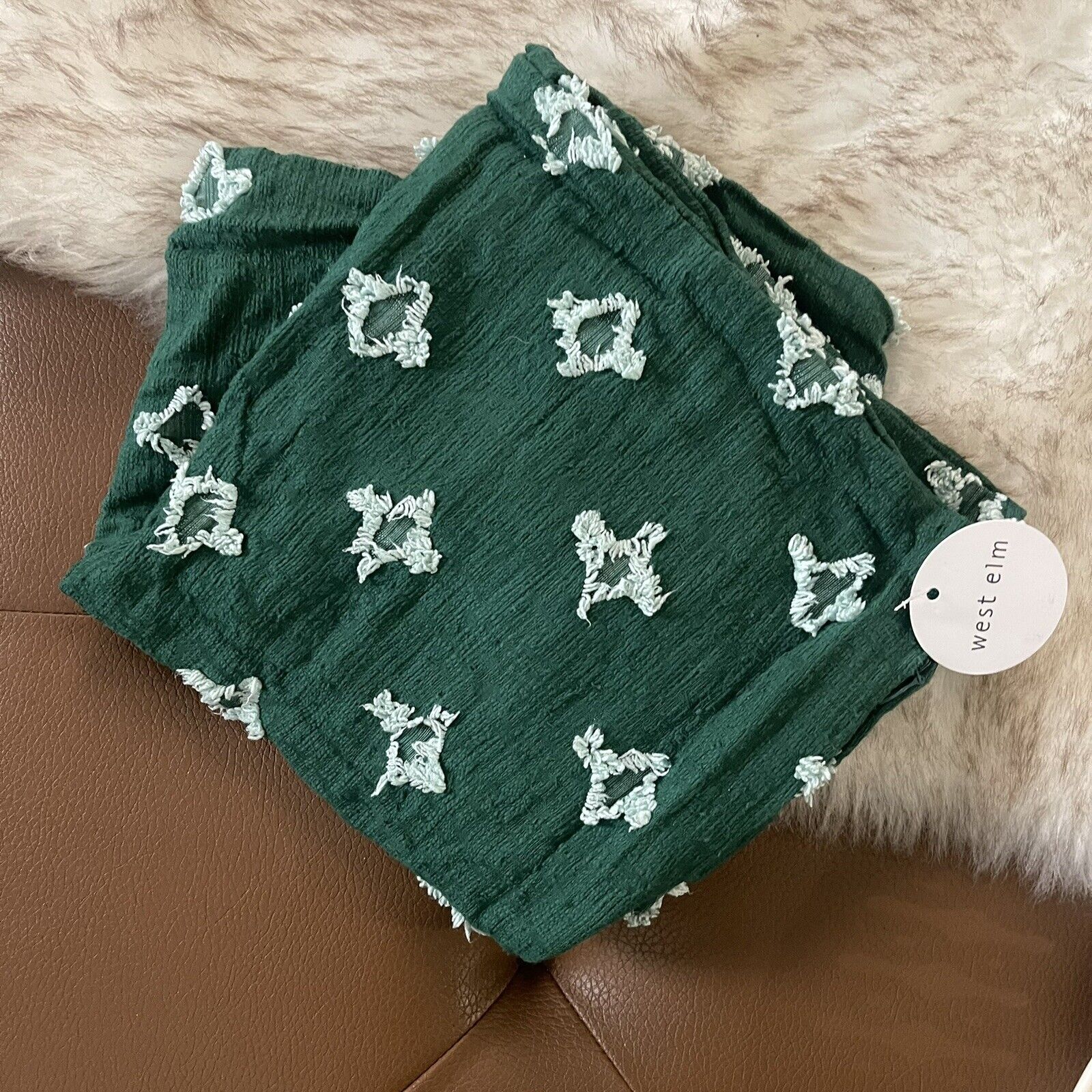 New West Elm Set 2 Green Boho Pom Pom Tassel Throw Pillow Case Cover Sham 18x18