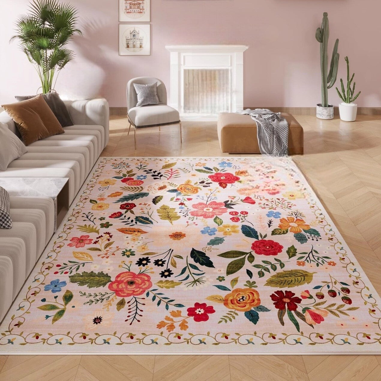 NEW Anthropologie White Floral Boho Vintage Multicolor  Area Rug Carpet 5' x 7'