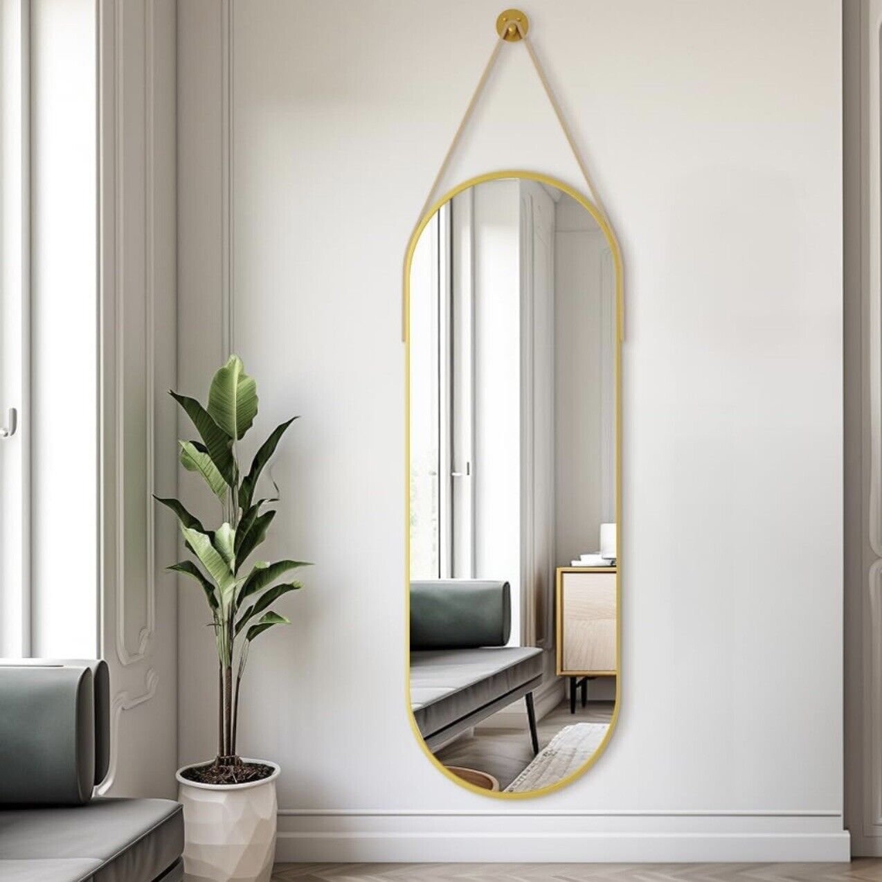 New West Elm Gold Arched Full Length Boho Wall Hanging Mirror - 48" x 16"