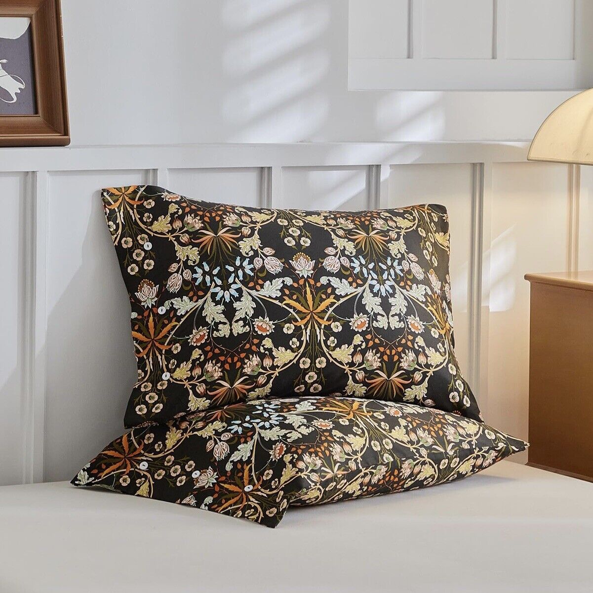 NEW Anthropologie Black Orange Floral Cotton Boho Queen Bedding Duvet & Sham Set