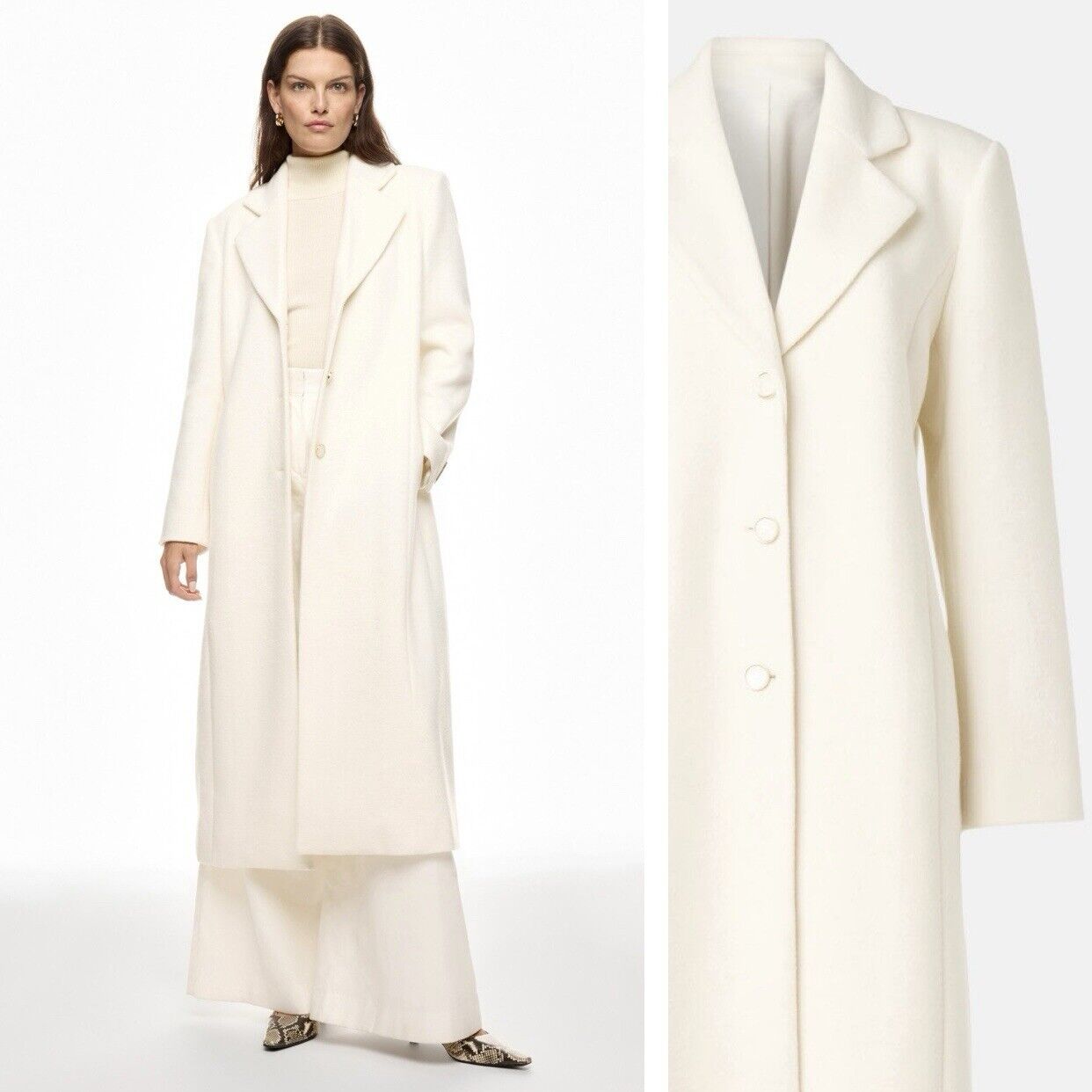 Ronny Kobo White Tailored Button Long Wool Trench Pea Coat Jacket Size 12 Large