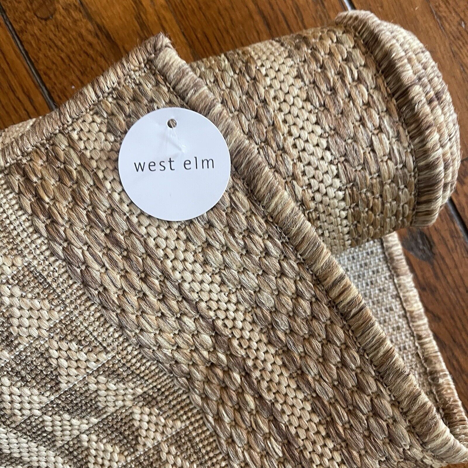 NEW West Elm Tan Woven Boho Jute Style Geometric Indoor Outdoor Area Rug 7' x 9'