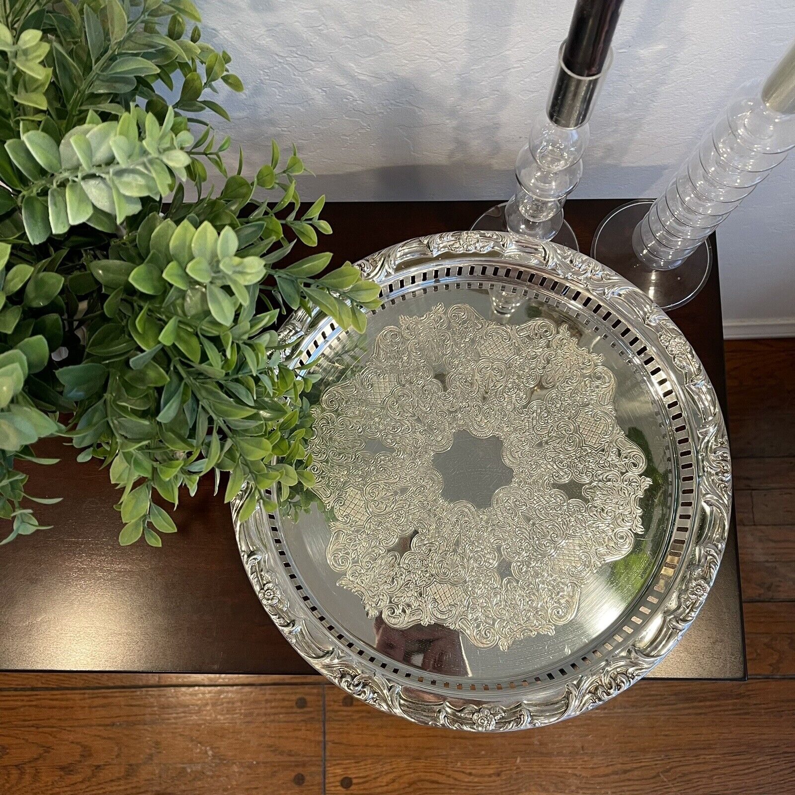 Vintage Leonard Silver Plated Antique Celtic Round Embossed Serving Tray Platter