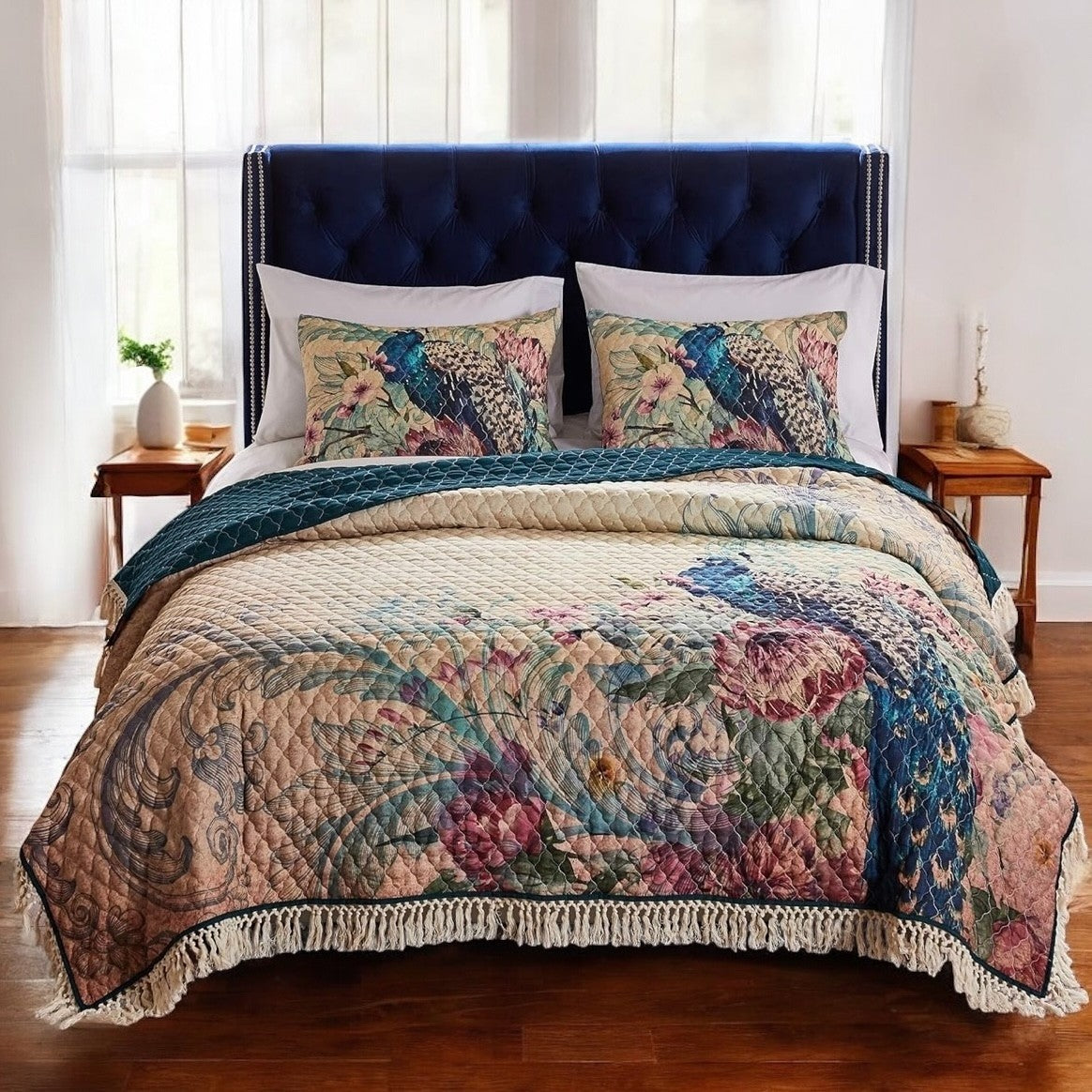 NEW Anthropologie Peacock Tassel Fringe Boho Quilt Bedspread Bedding & Sham Set