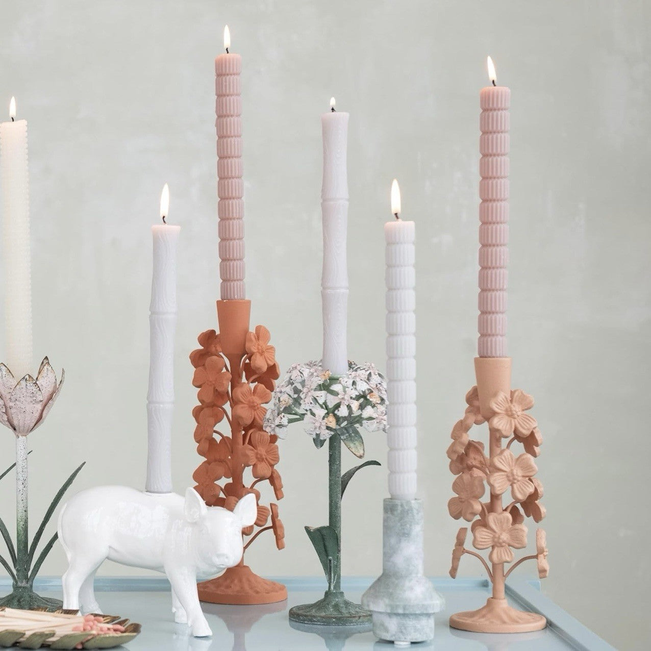 NEW Anthropologie Cast Metal Boho Floral Tapered Candle Candlestick Holder - 9"