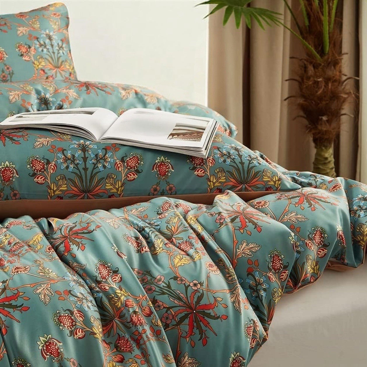 NEW Anthro Blue Orange Boho Floral Queen / King Bedding Duvet & Sham Case Set