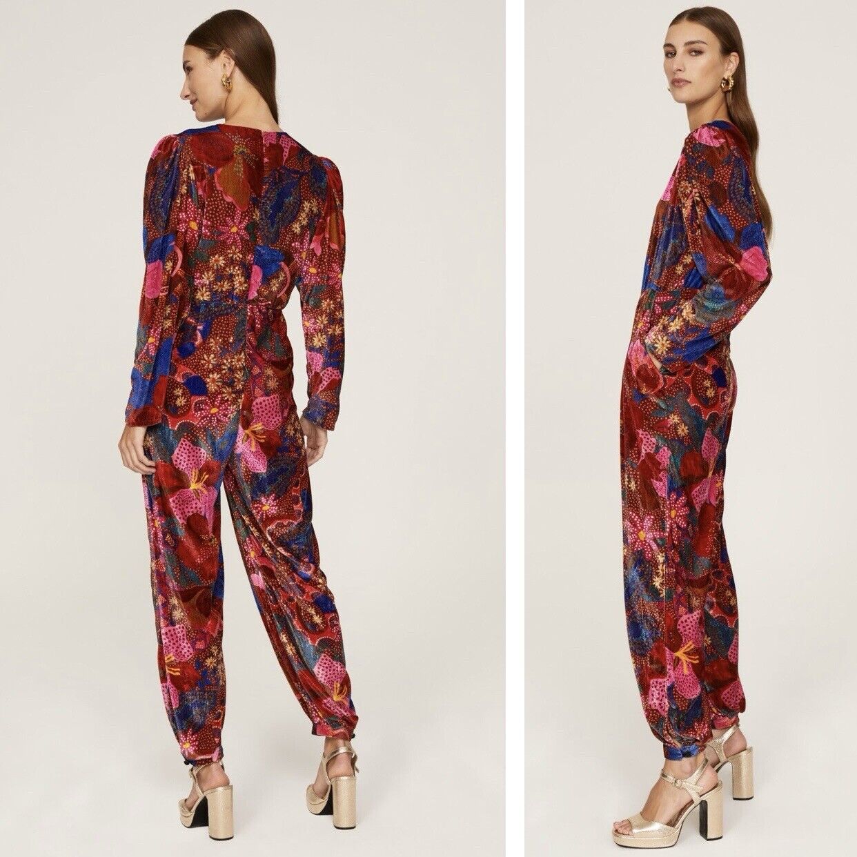 FARM Rio Velvet Red Floral Print Snake Garden Boho Jumpsuit - Size Large