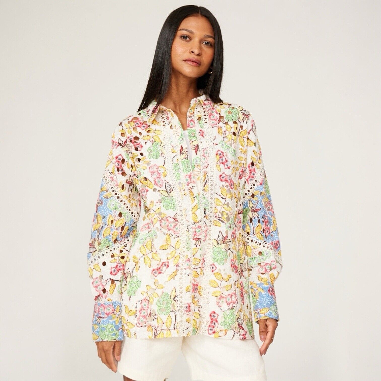 Hemant & Nandita Floral Long Sleeve Embroidered Cutout Shirt Top Size Large / XL