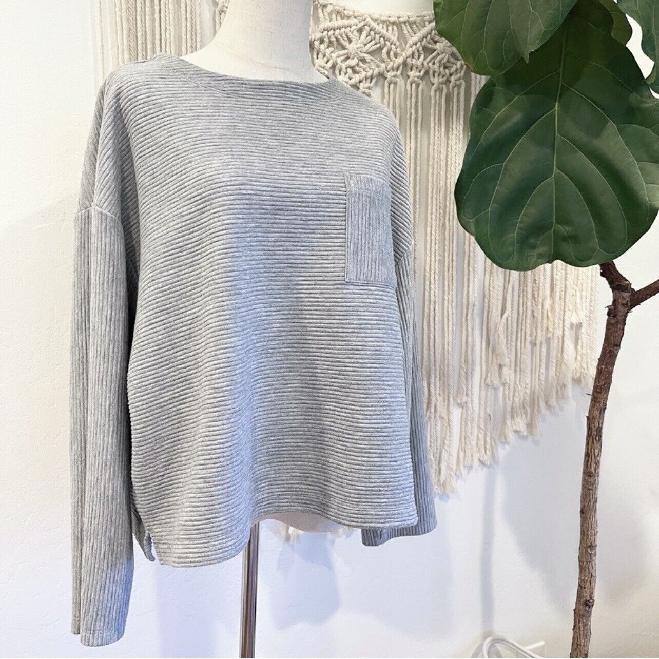 Madewell Gray Oversized Cream / White Knit Sweater Shirt Top Sweatshirt Medium