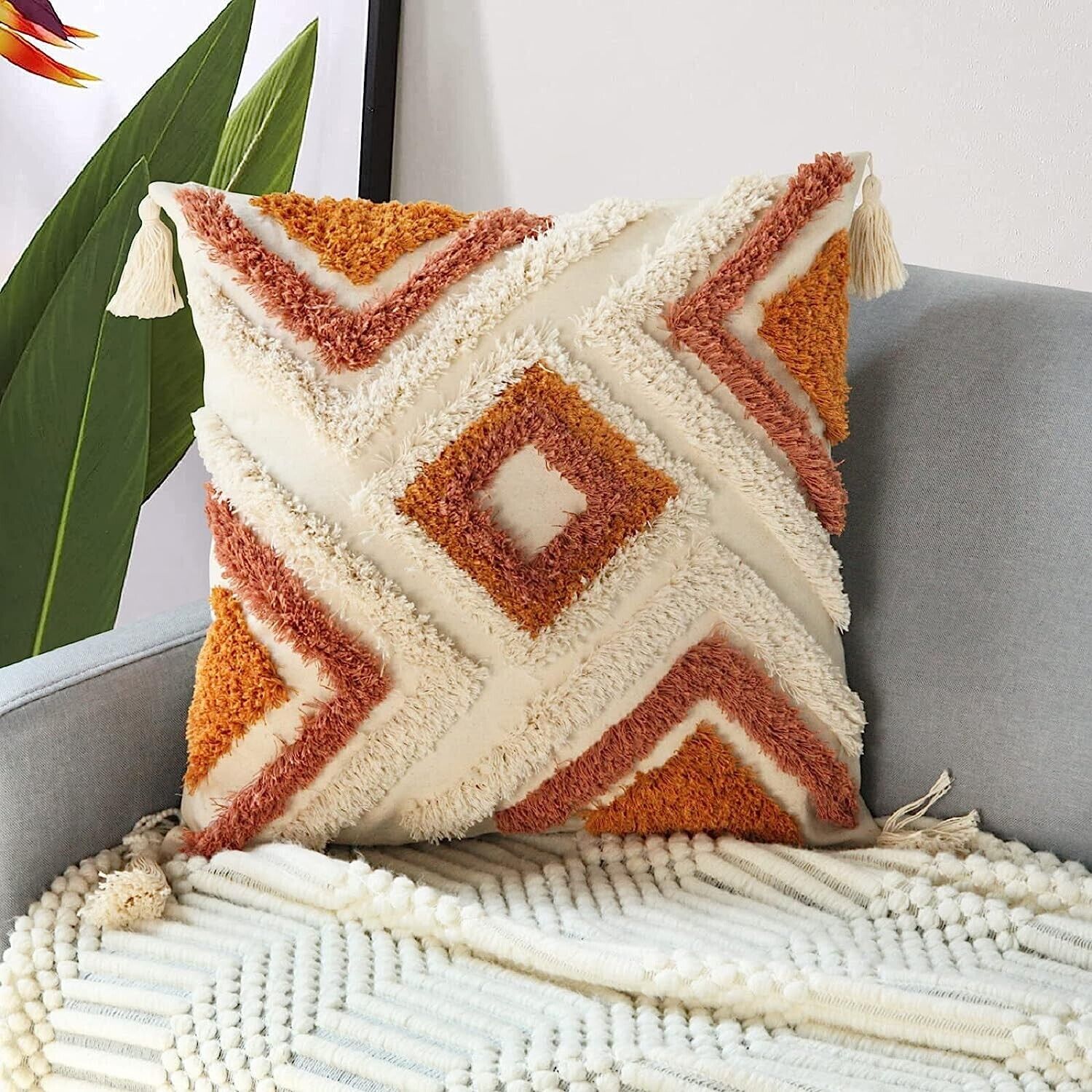 New Anthropologie Boho Abstract Tassel Throw Pillow Case Cover Sham - 18" x 18"