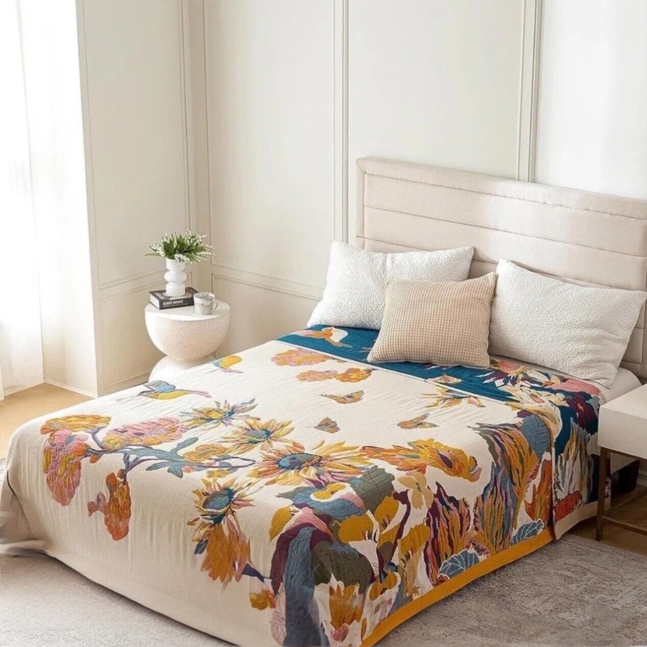 NEW Anthropologie Boho Knit Floral Throw Blanket Bedspread Bedding Quilt 60 x 80