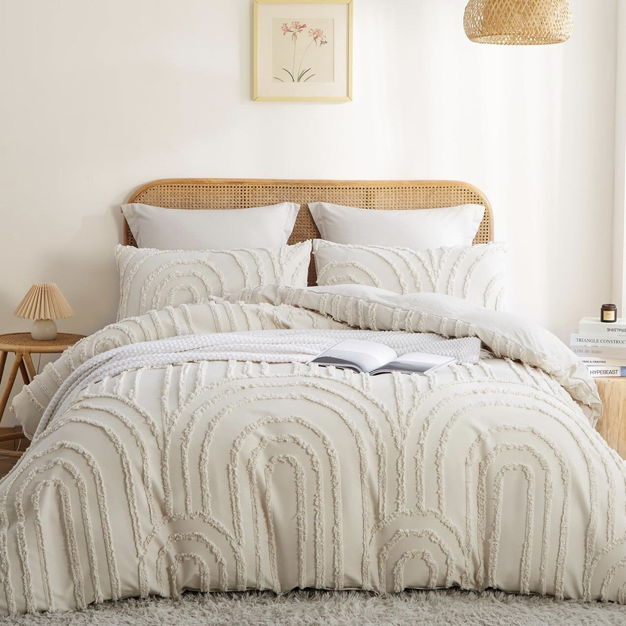 NEW Anthro Beige Boho Queen Size Tufted Abstract Bedding Comforter & Sham Set