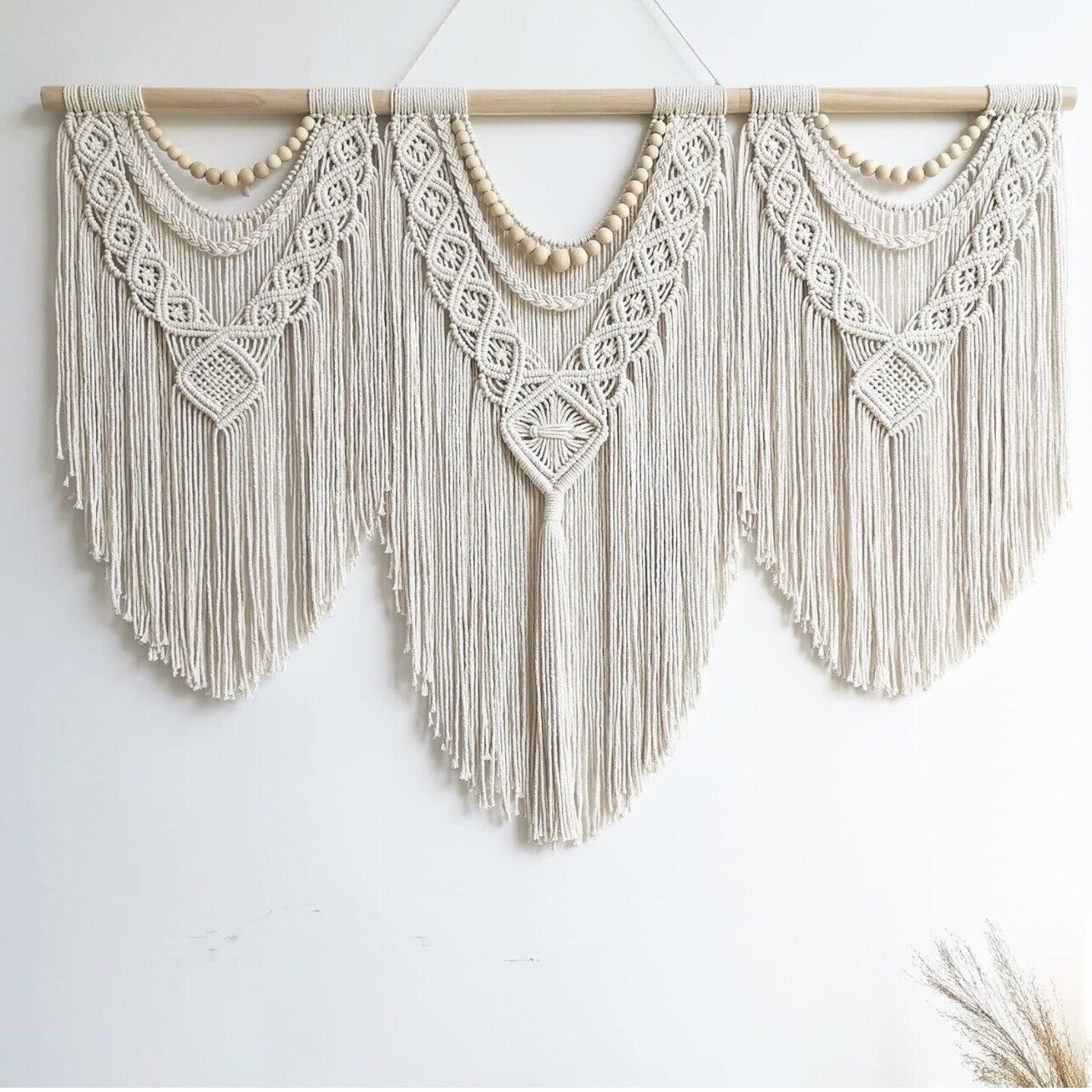 NEW Anthropologie Large Boho Tapestry Macrame Woven Beaded Wood Wall Hanging