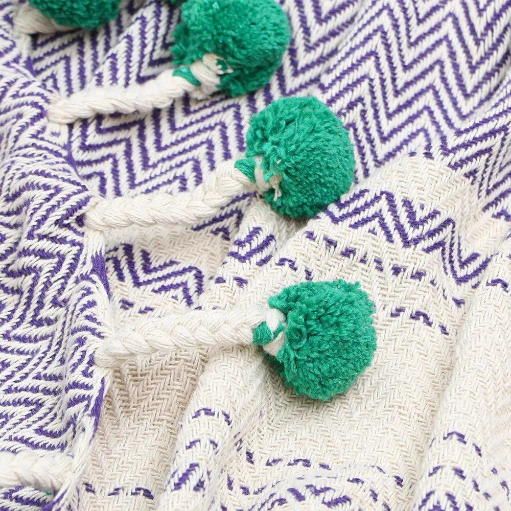 NEW Anthropologie Blue Green Pom Pom Boho Tassel Knit Throw Blanket - 50" x 60"