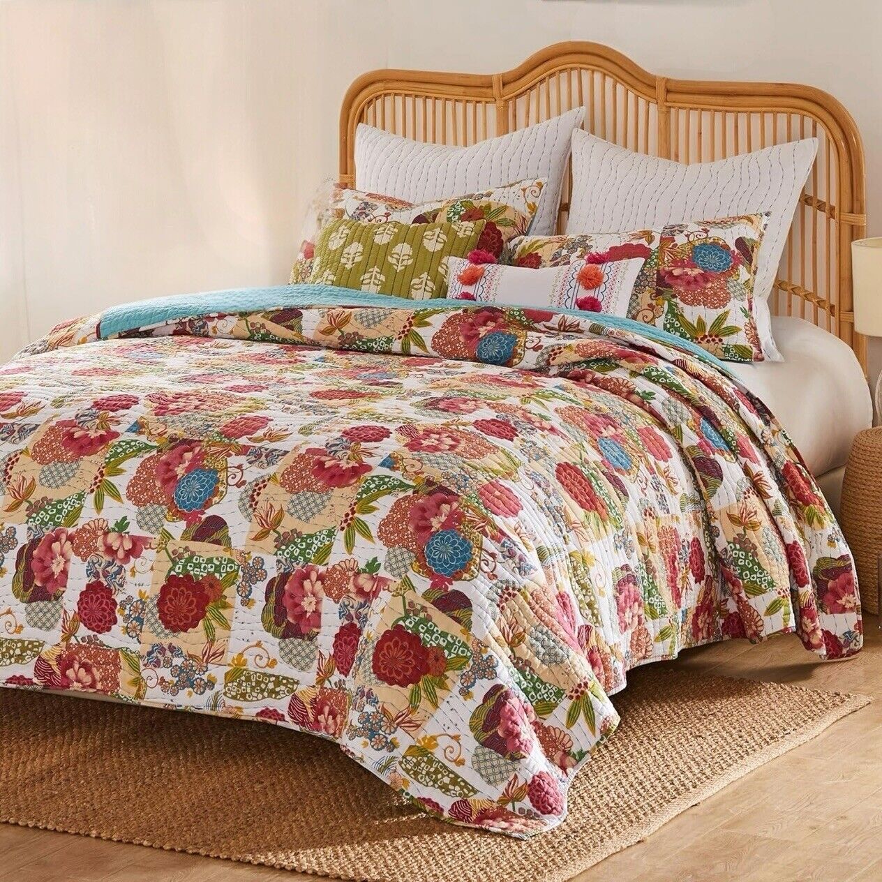 NEW Anthropologie Multicolor Floral Boho Queen Quilt Bedspread Bedding Sham Set