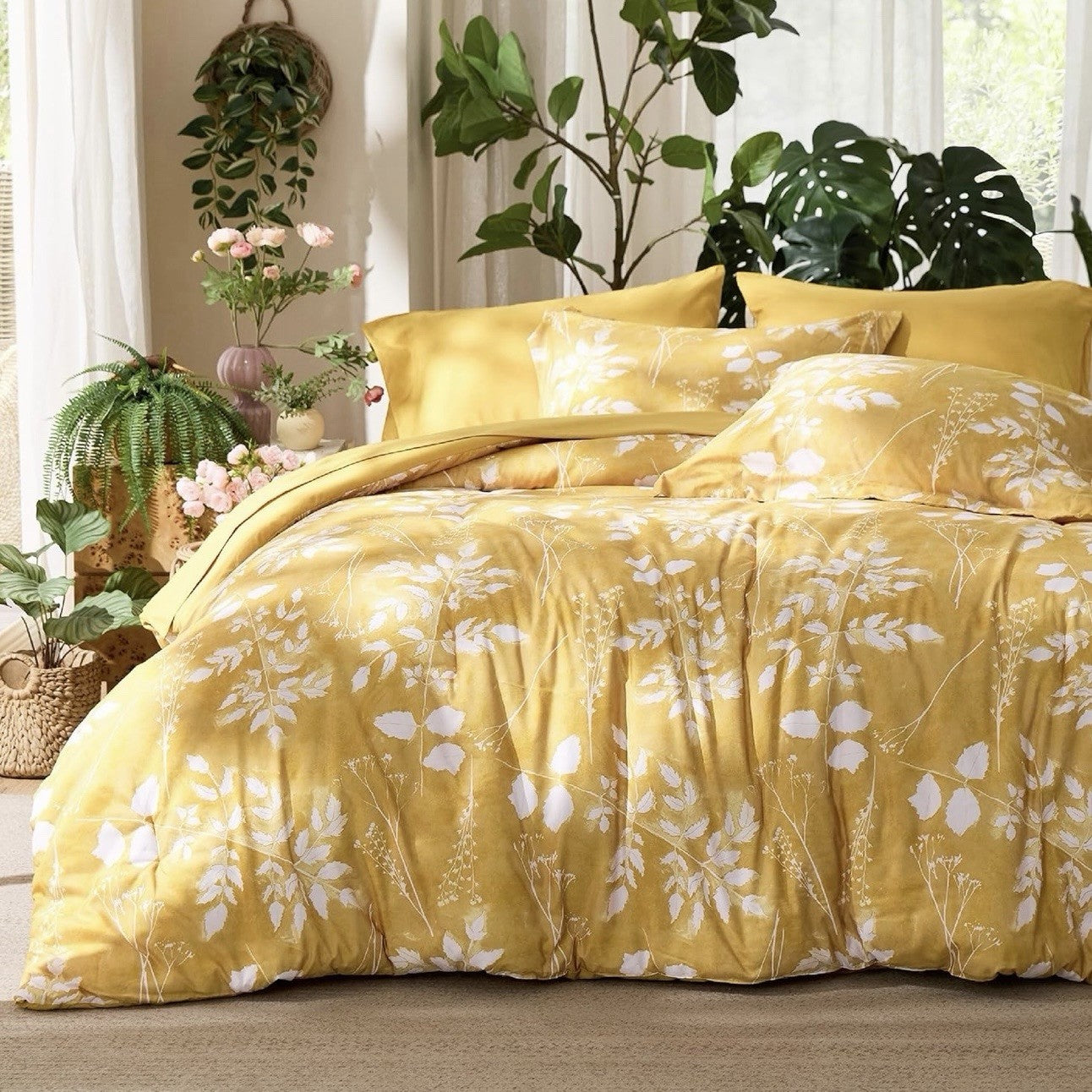 NEW Anthro 7 Piece Yellow Floral Boho Queen / King Bedding Comforter & Sham Set