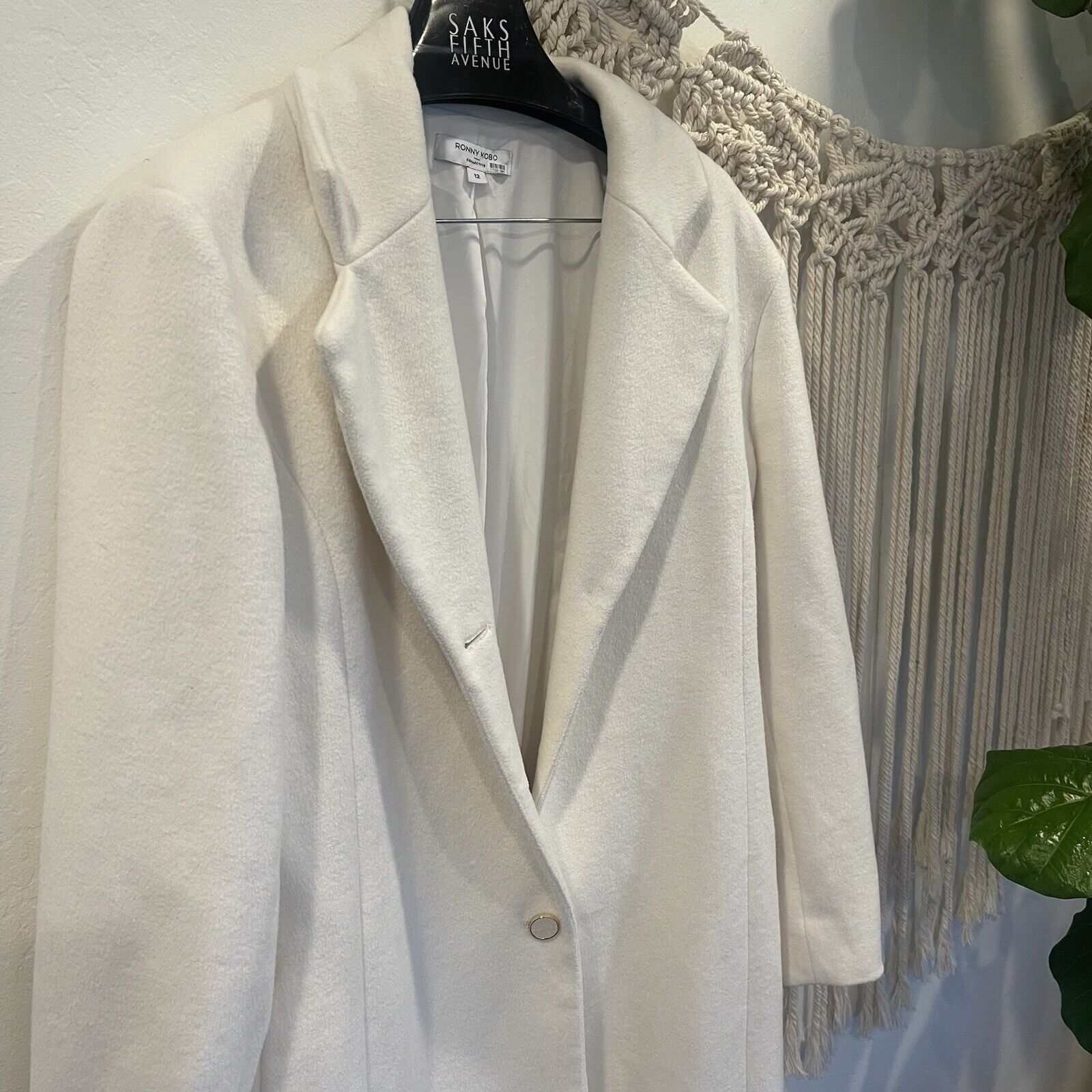 Ronny Kobo White Tailored Button Long Wool Trench Pea Coat Jacket Size 12 Large