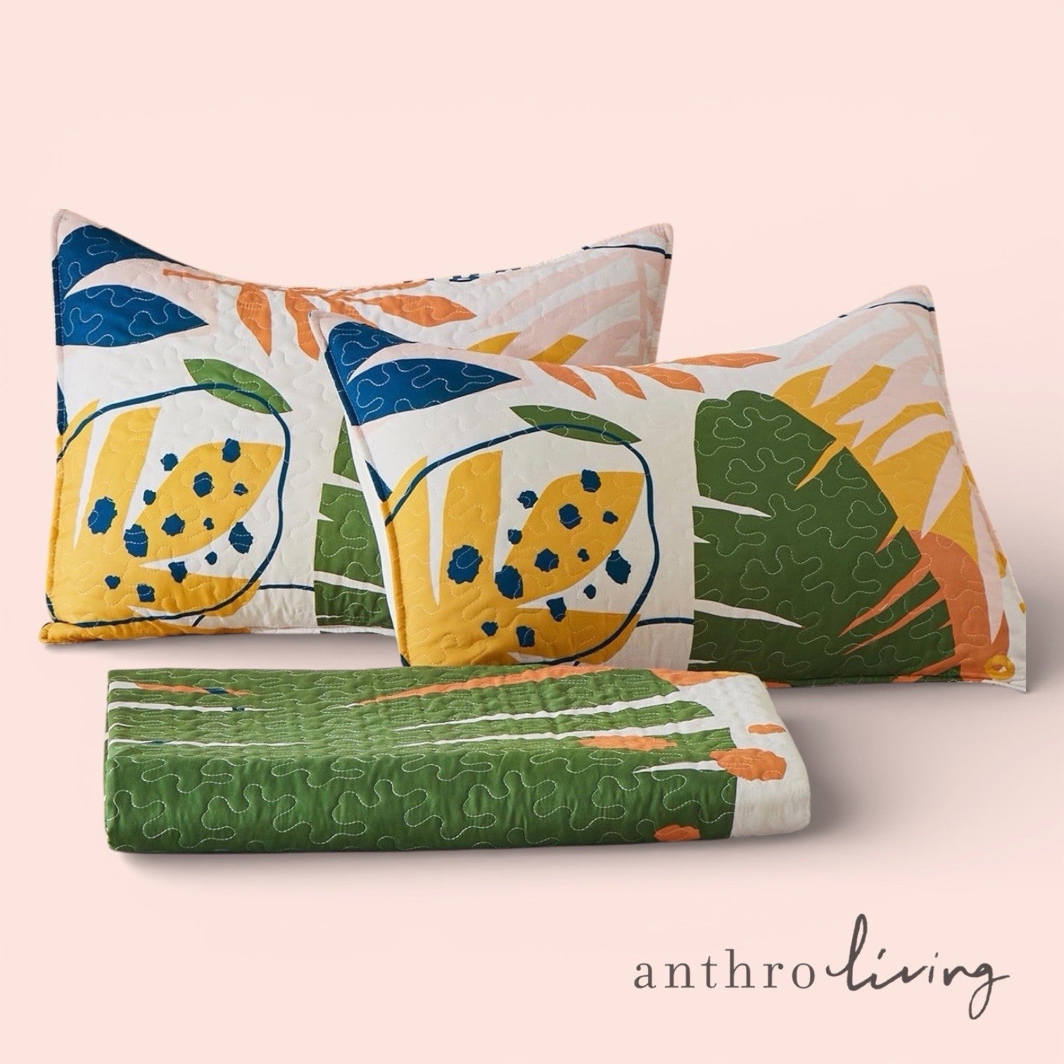 NEW Anthro Abstract Pattern Multicolor Boho Queen  King Bedding Quilt & Sham Set