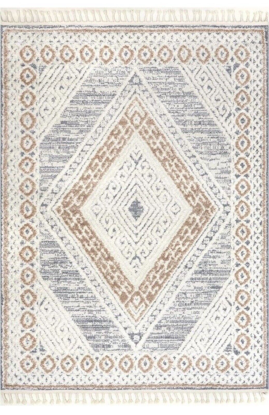 NEW West Elm White Cream Boho Tassel Geometric Shag Area Rug Carpet - 5' x 8'