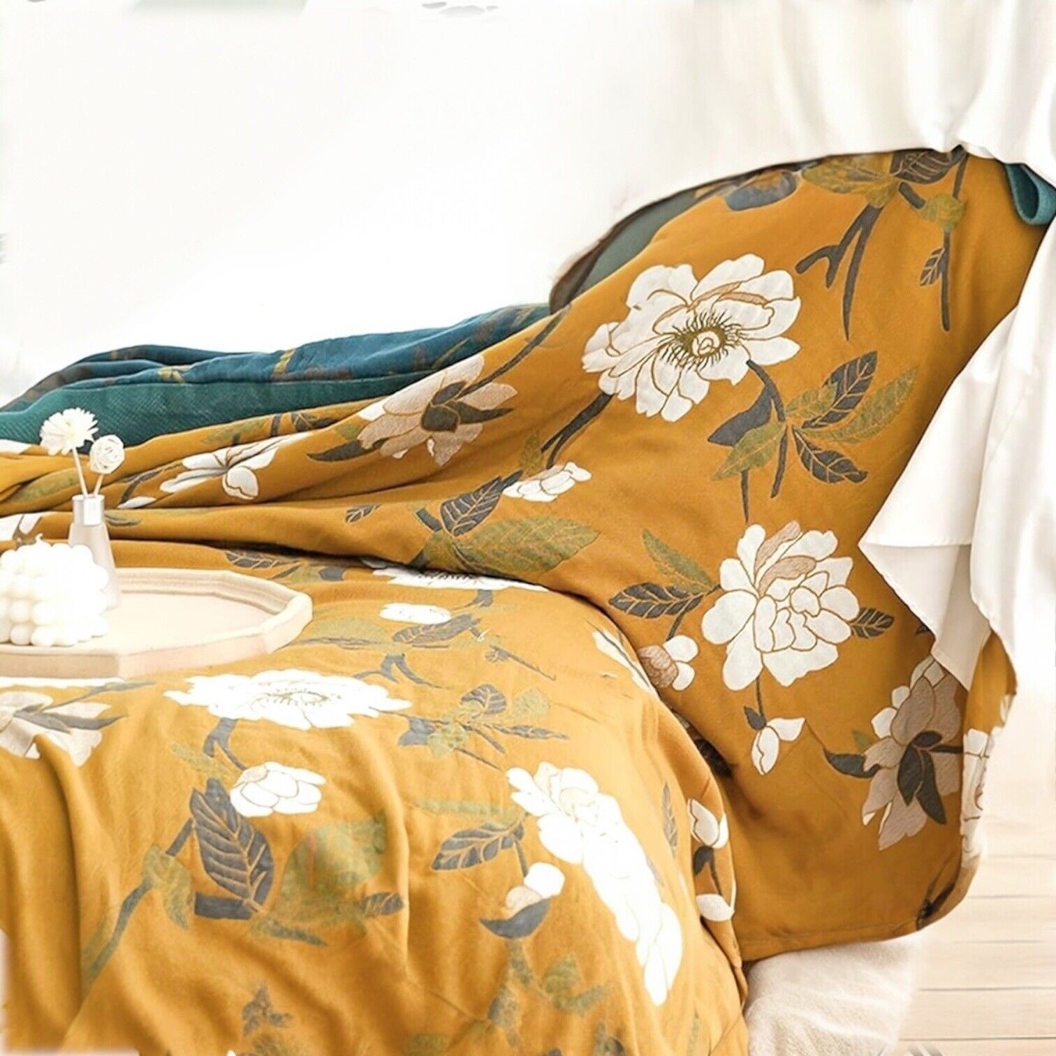 NEW Anthropologie Boho Orange Teal Floral Queen Blanket Bedspread Quilt 80 x 90