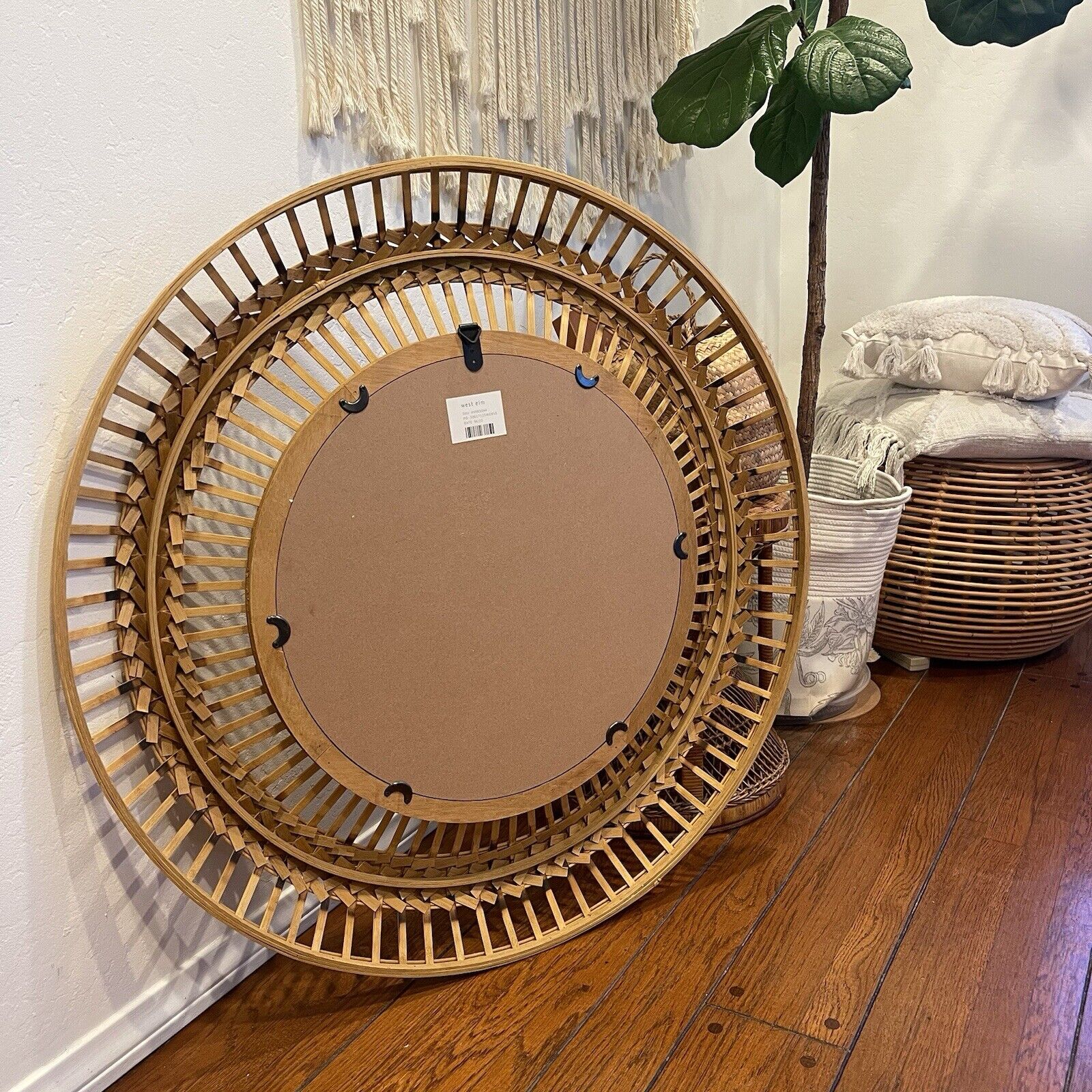 NEW West Elm Large Round Mirror Wicker Rattan Boho Wall Hanging Decor - 36” Diam